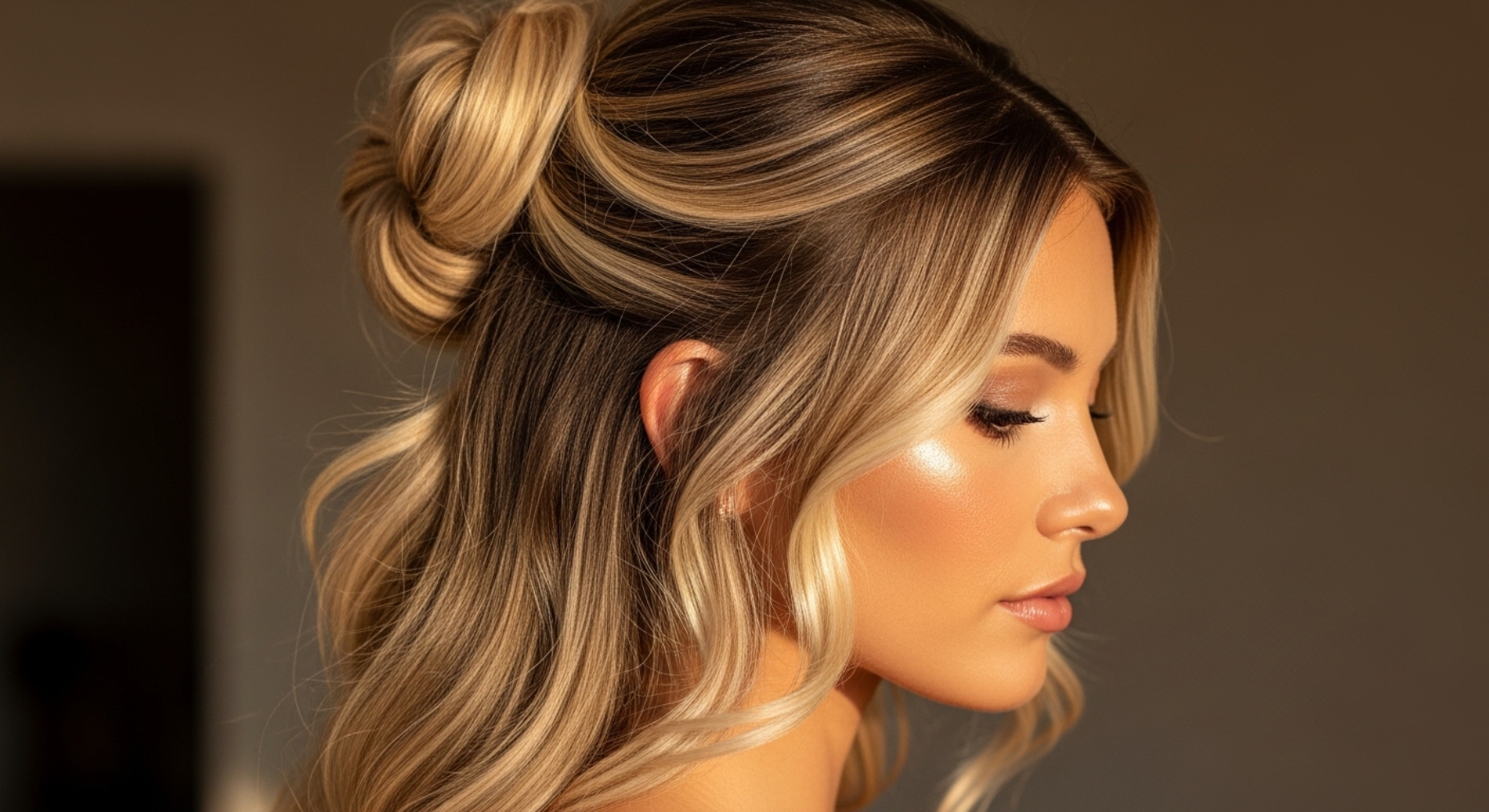 Half Up Twisted Bun with Loose Waves