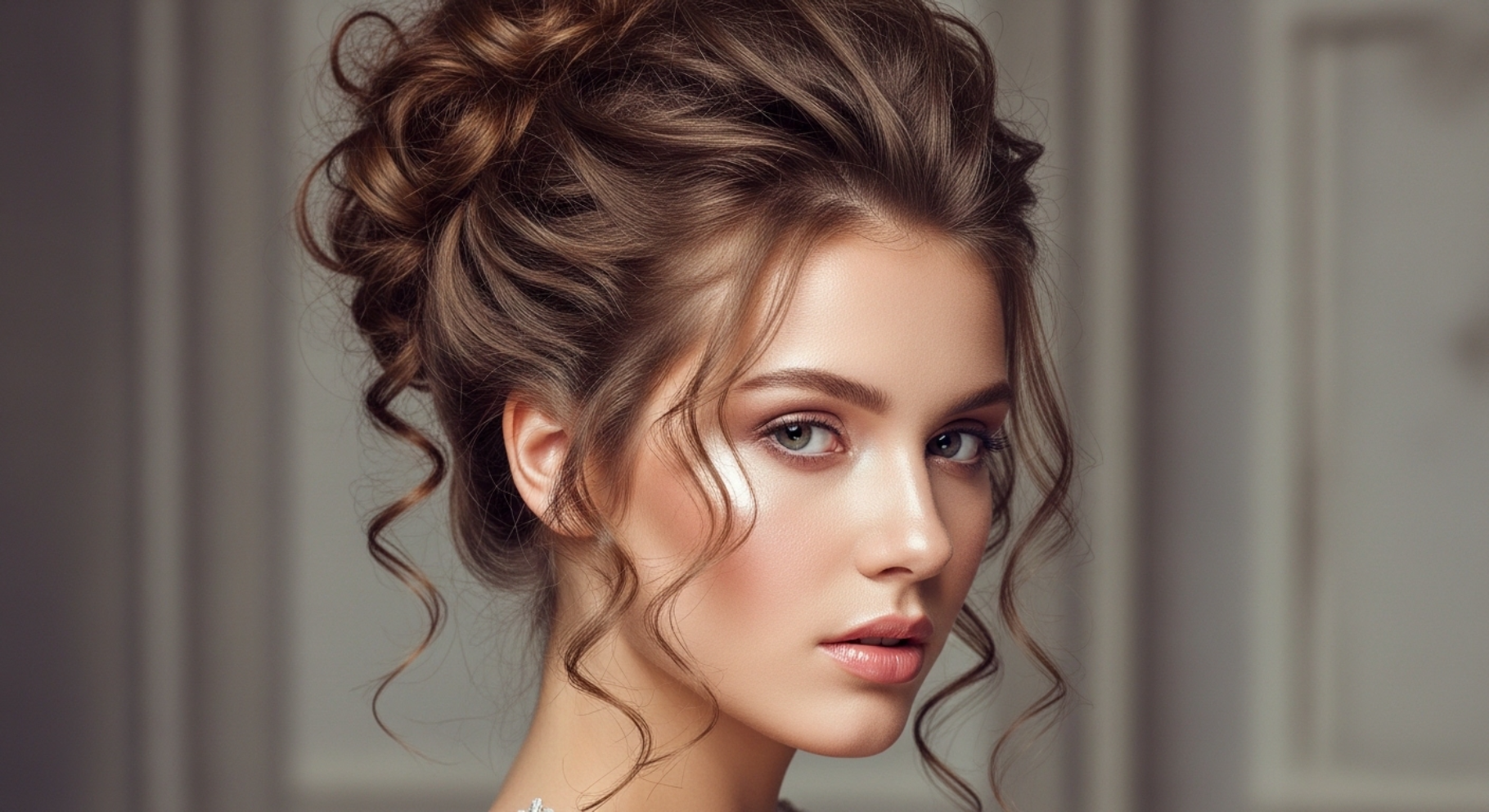 High Curly Bun with Loose Tendrils