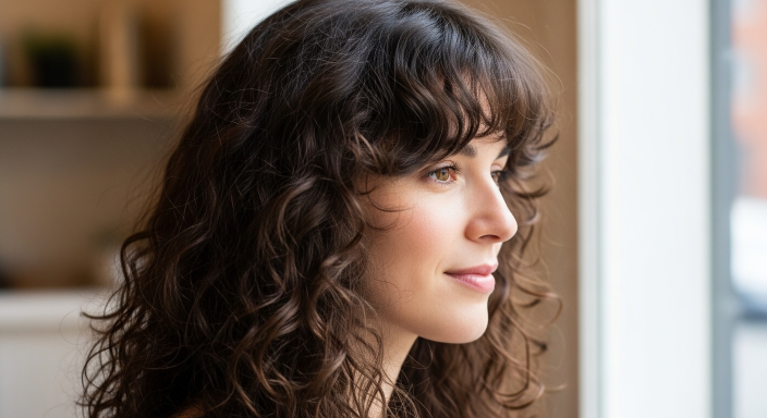 Long Curly Layers with Curtain Bangs
