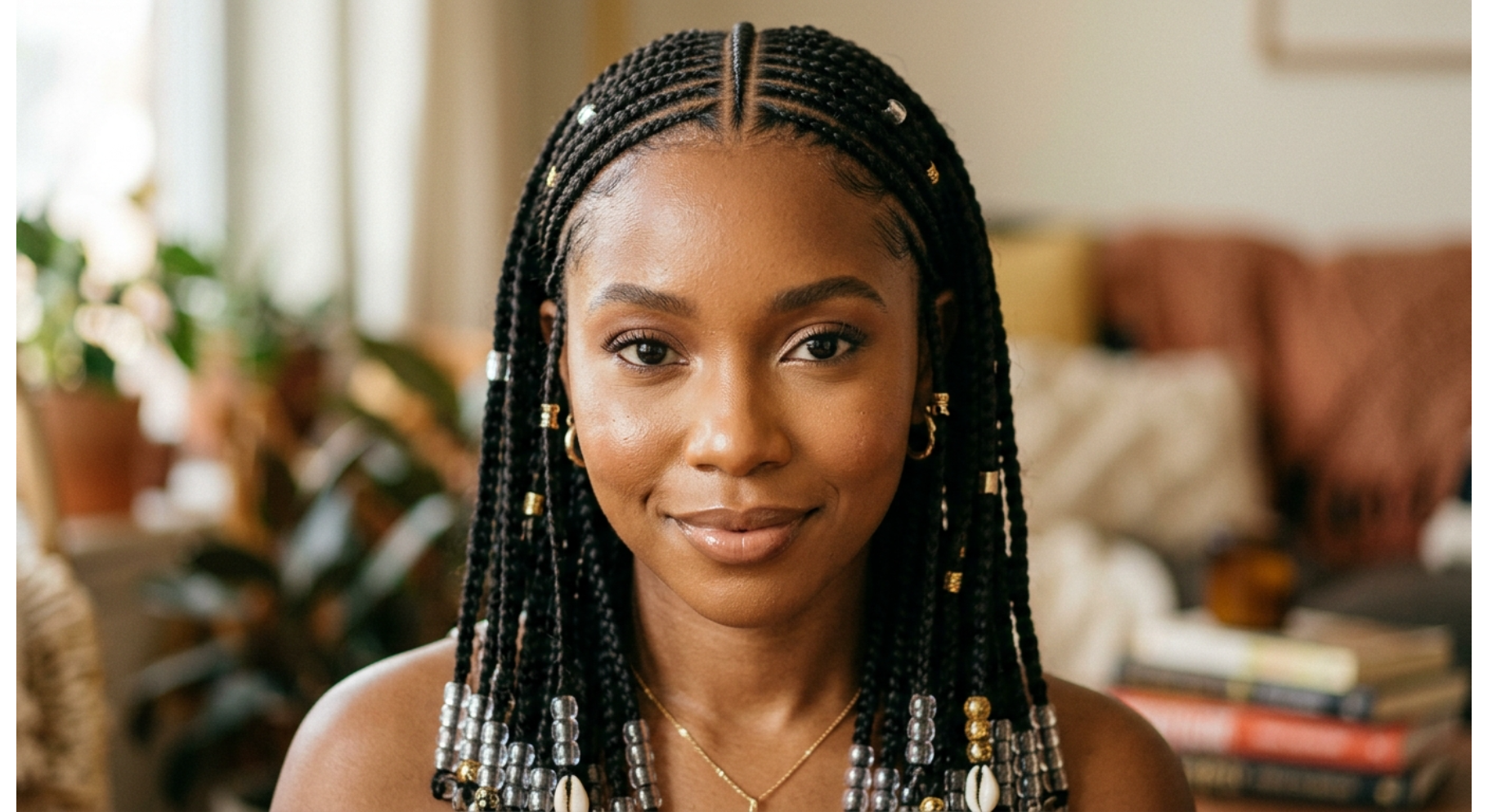 Classic Center-Part Fulani Braids with Beads