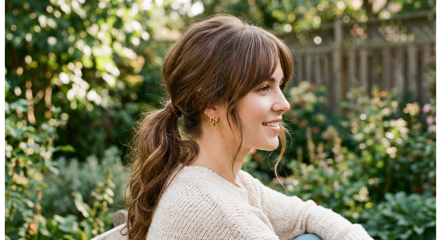 Side Swept Bangs with Low Ponytail Volume