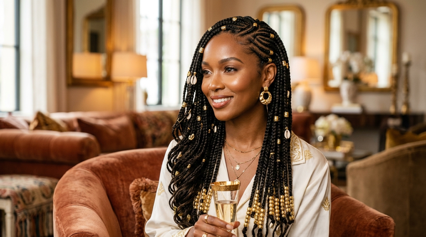 Side-Swept Fulani Braids with Gold Beads