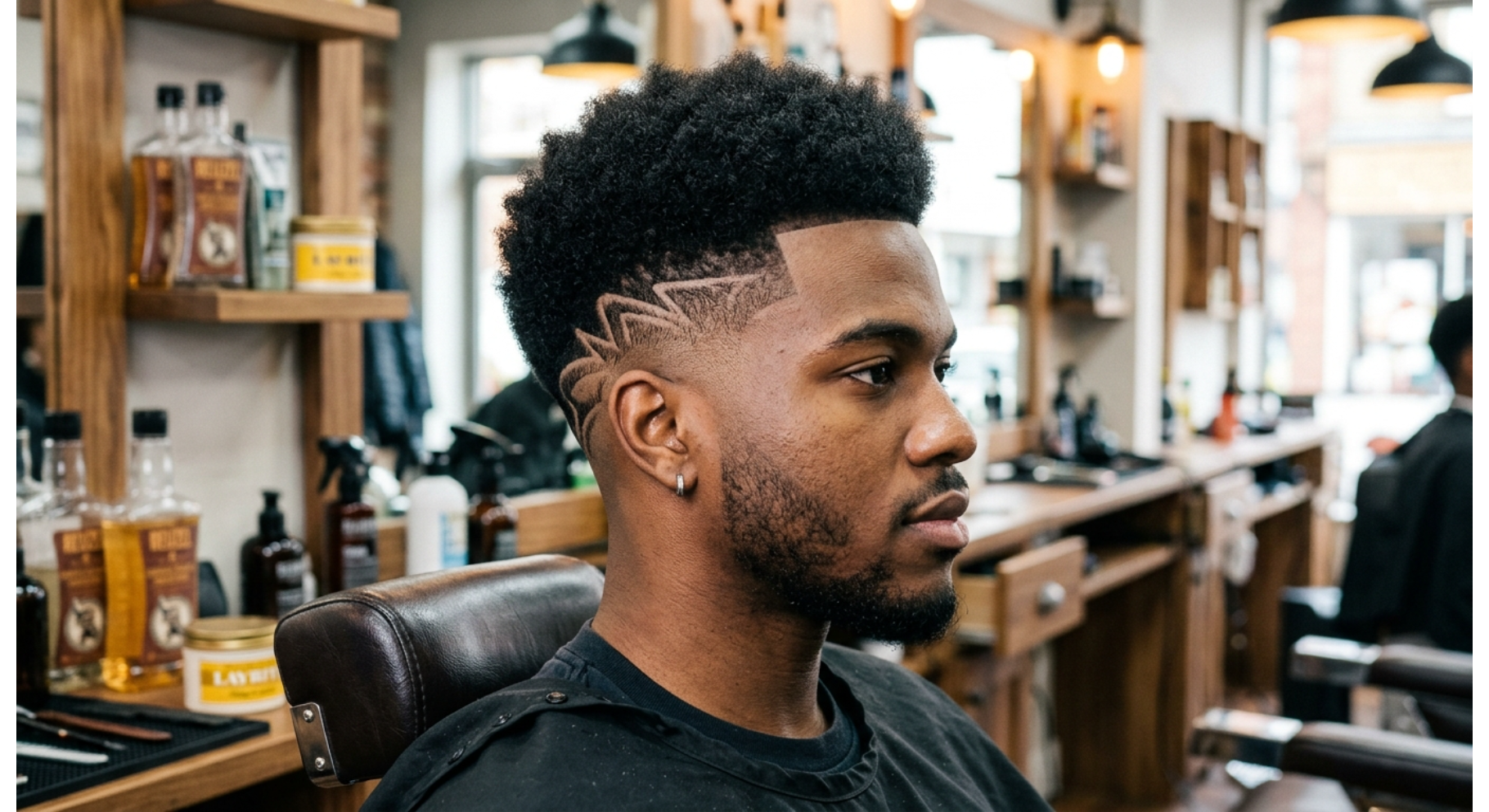Afro Fade With Artistic Line Design
