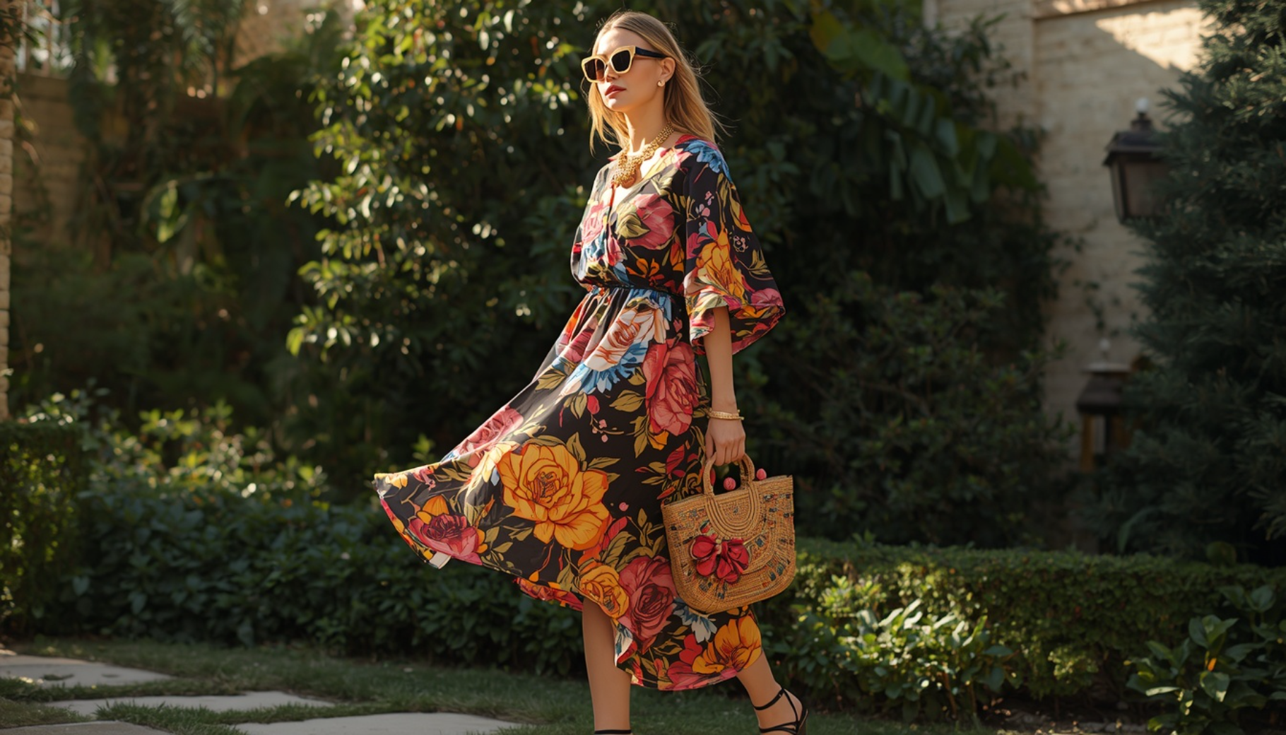 Bold Floral Dress with Chunky Jewelry
