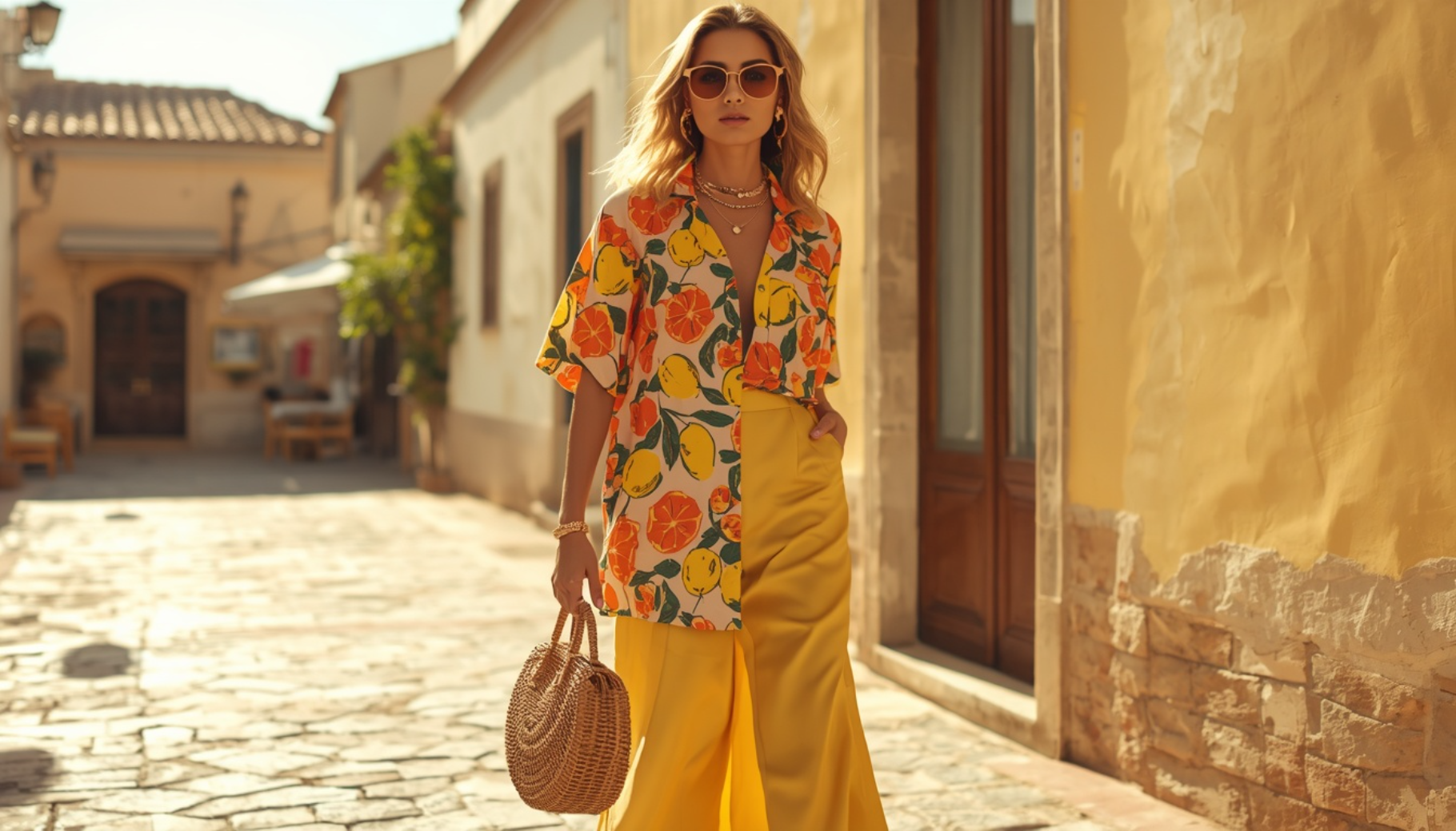 Citrus Print Palazzo Set with Statement Accessories