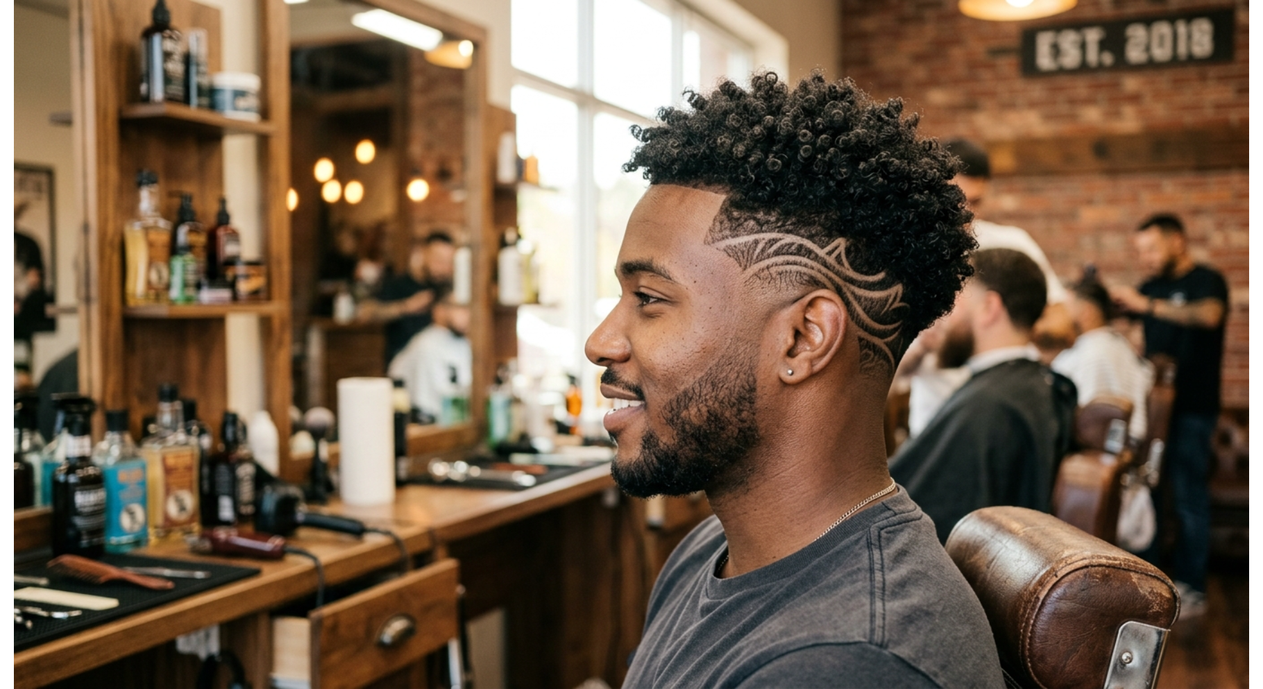 Curly Top Fade With Artistic Design