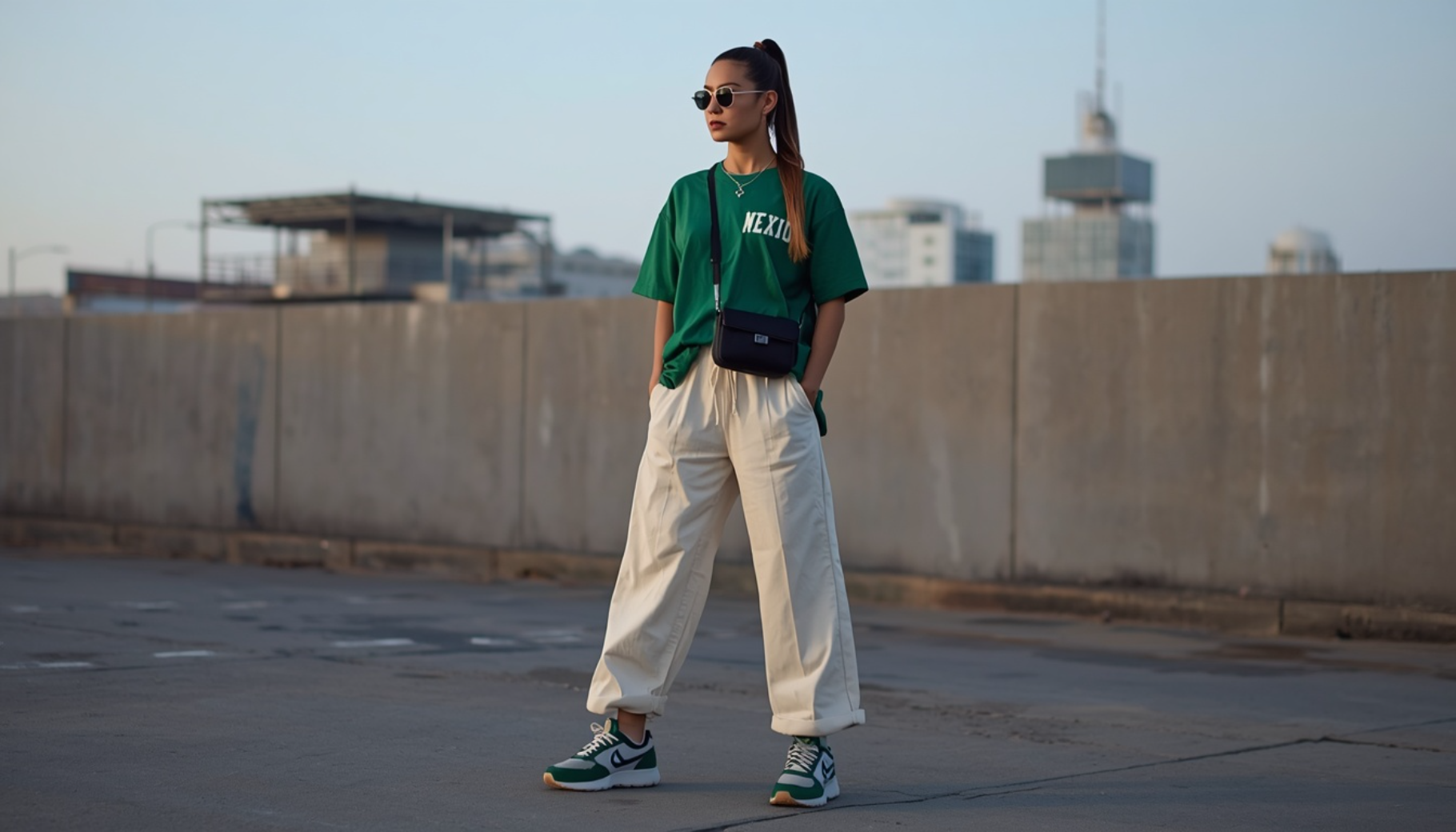 Mexico Shirt With Wide-Leg Joggers and Retro Sneakers