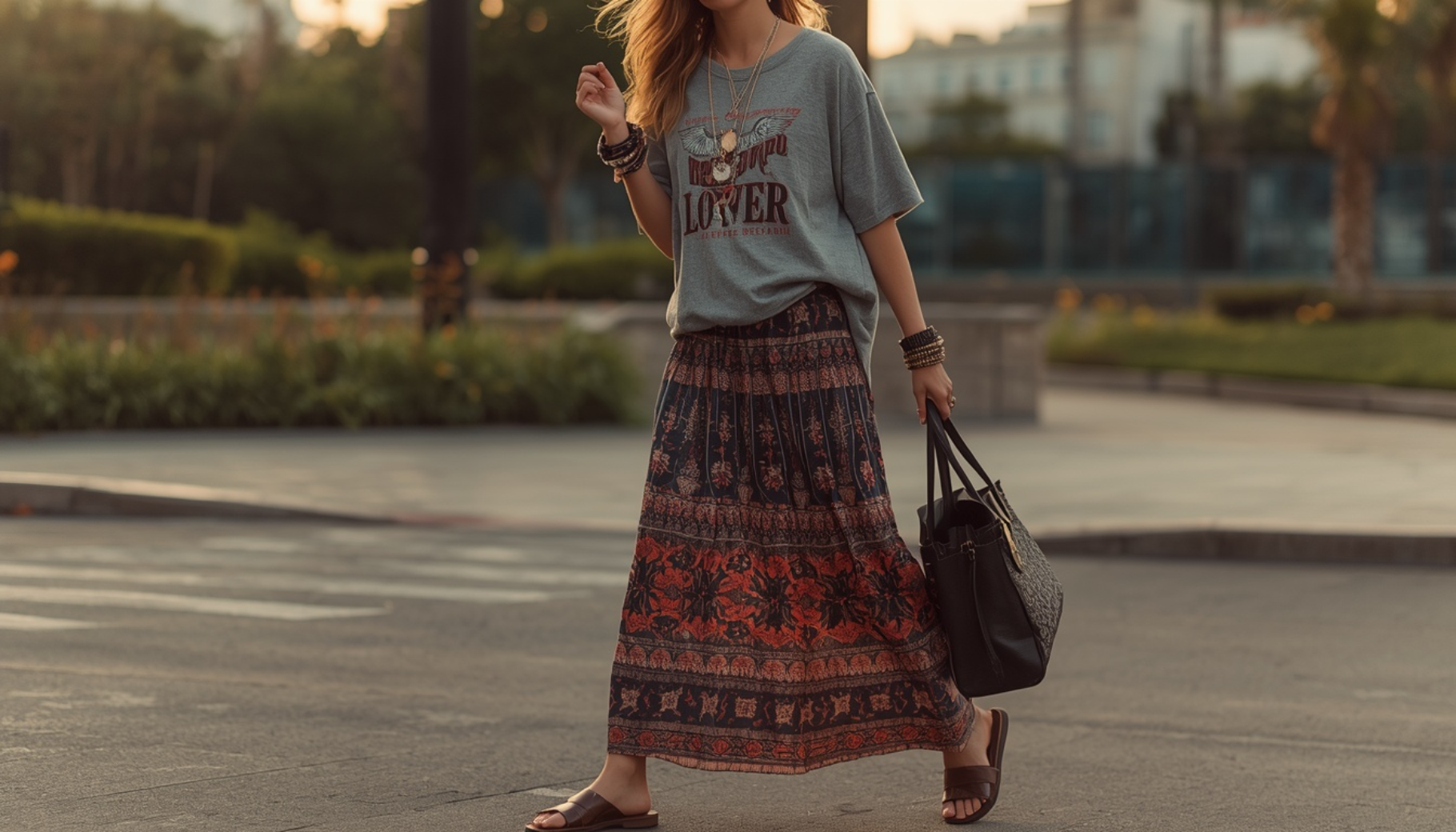 Printed Maxi Skirt with Graphic Tee
