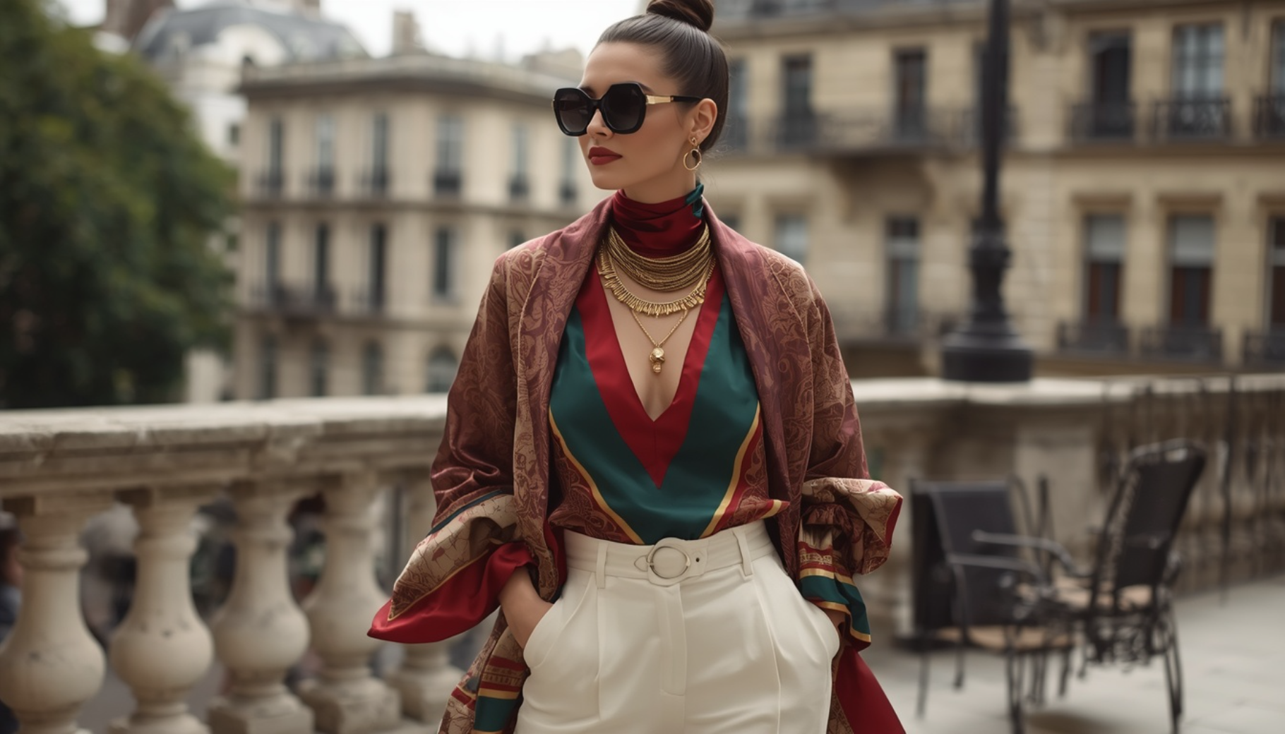 Silk Scarf Top with Wide-Leg Trousers