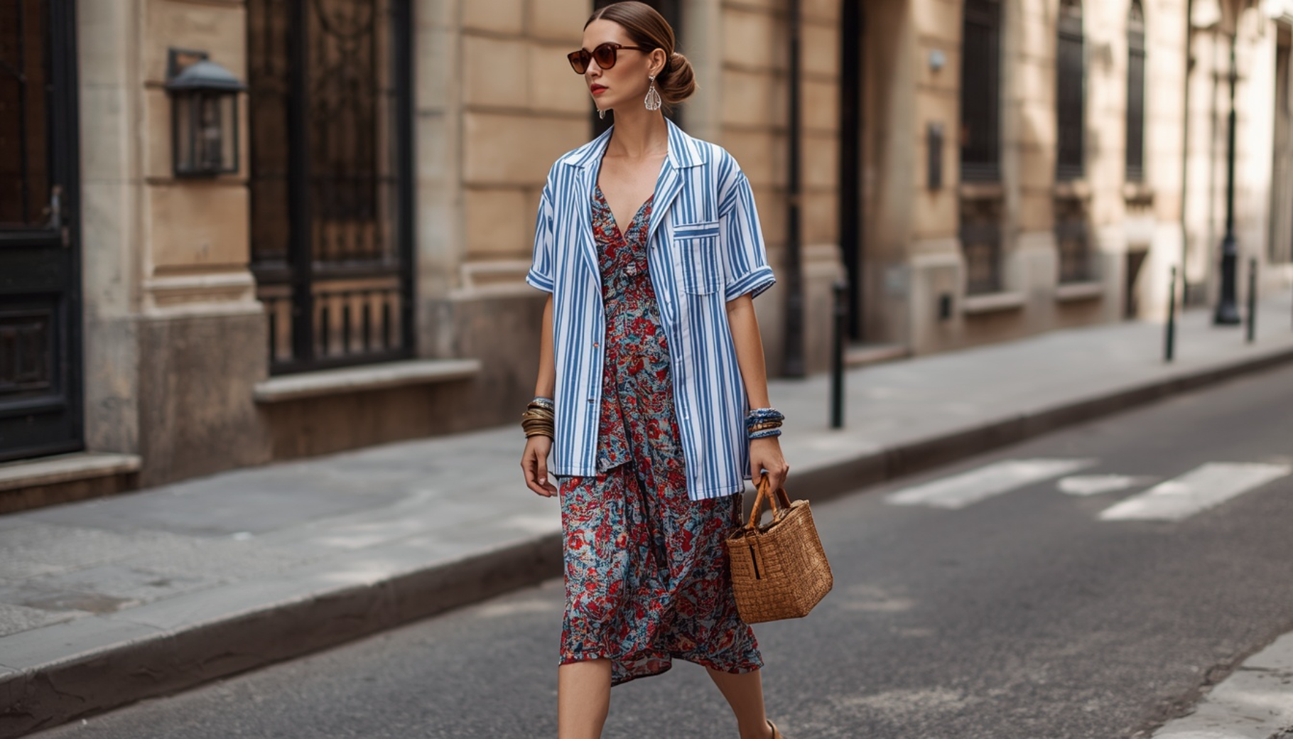 Striped Shirt Layered Over a Printed Slip Dress