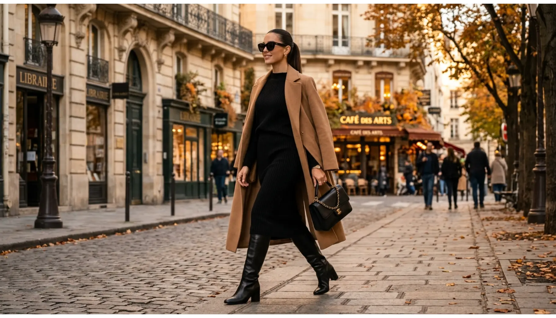 Black Knit Set with Long Wool Coat
