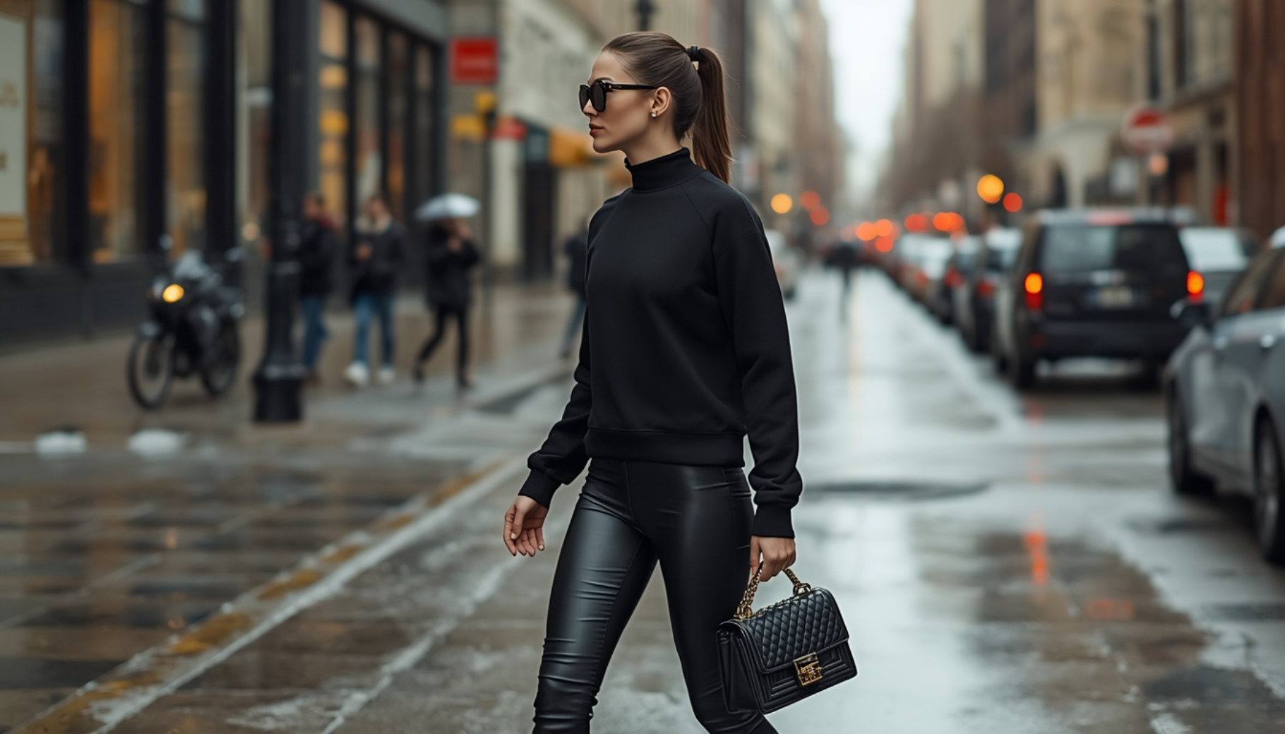 Black Mock Neck with Leather Leggings