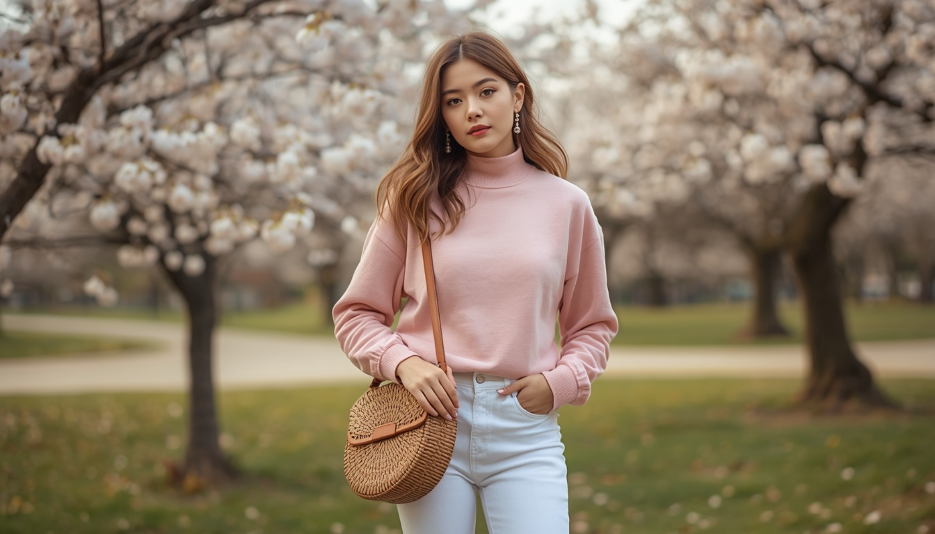 Blush Pink Sweatshirt with White Jeans