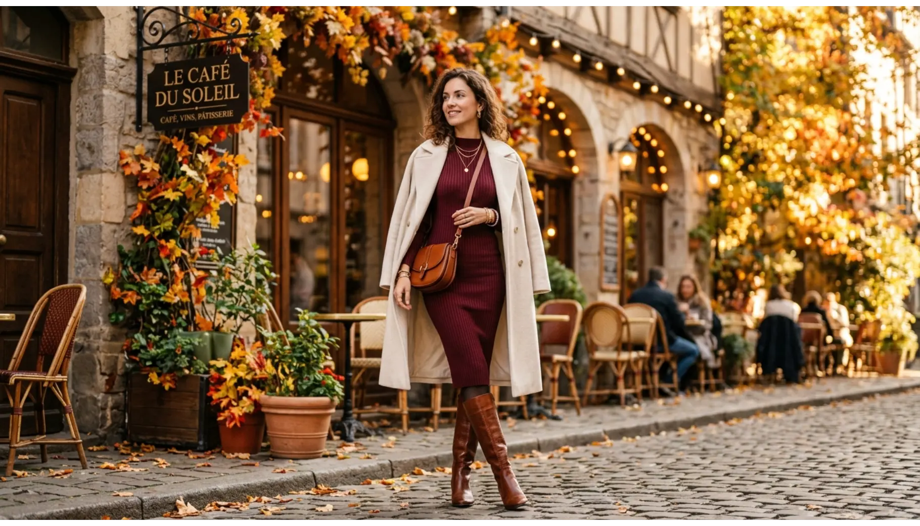Burgundy Knit Dress with Knee-High Boots