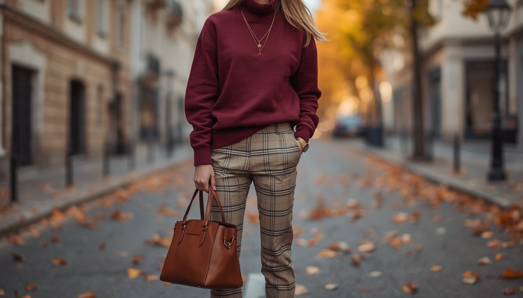 Burgundy Mock Neck Sweatshirt with Plaid Trousers