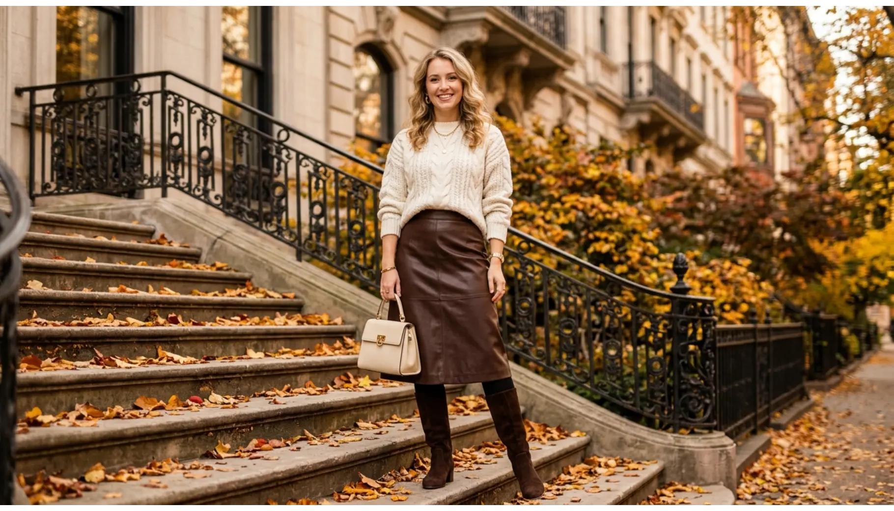 Cable Knit Sweater with Faux Leather Midi Skirt