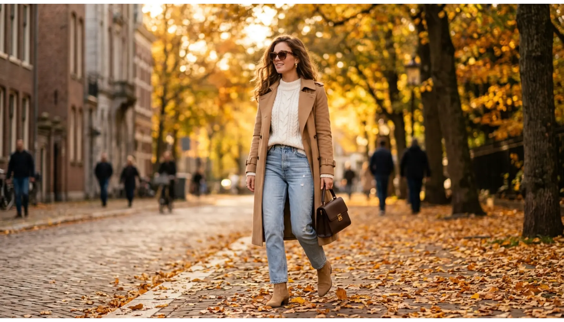 Camel Trench with White Knit and Straight-Leg Jeans