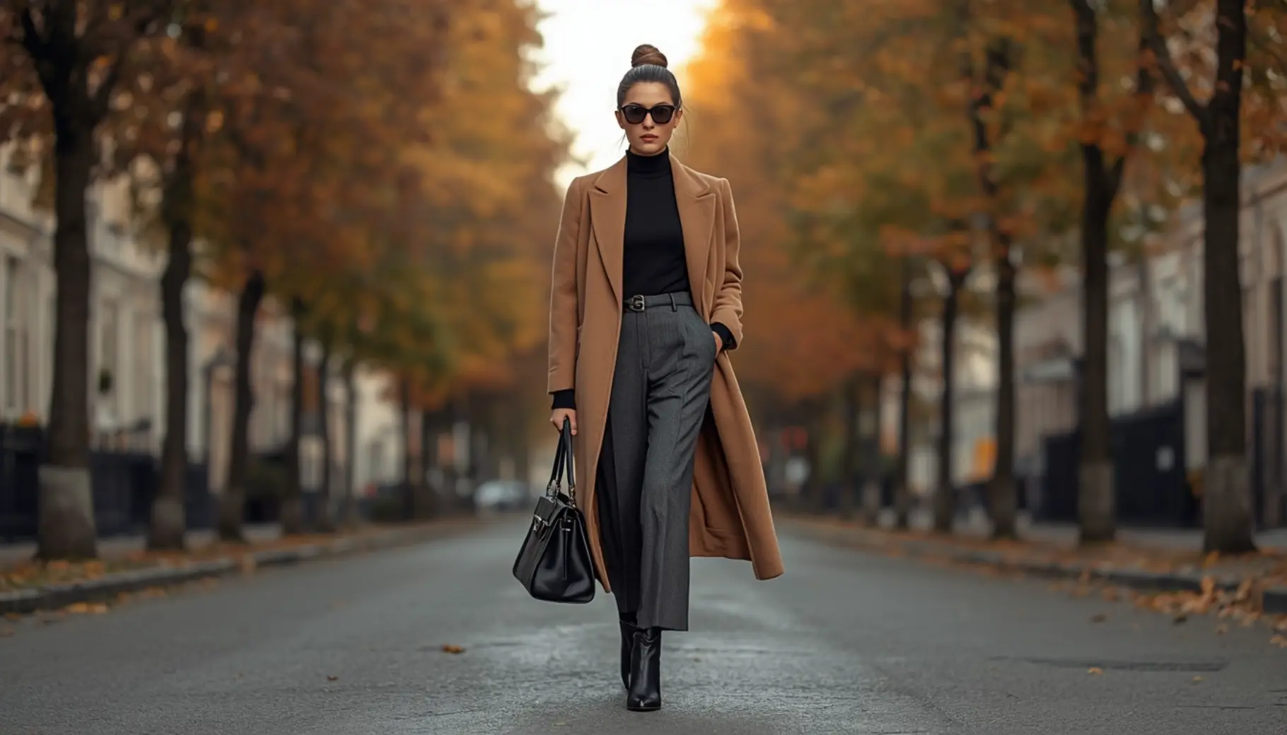Camel Wool Coat with Dark Monochrome Layers