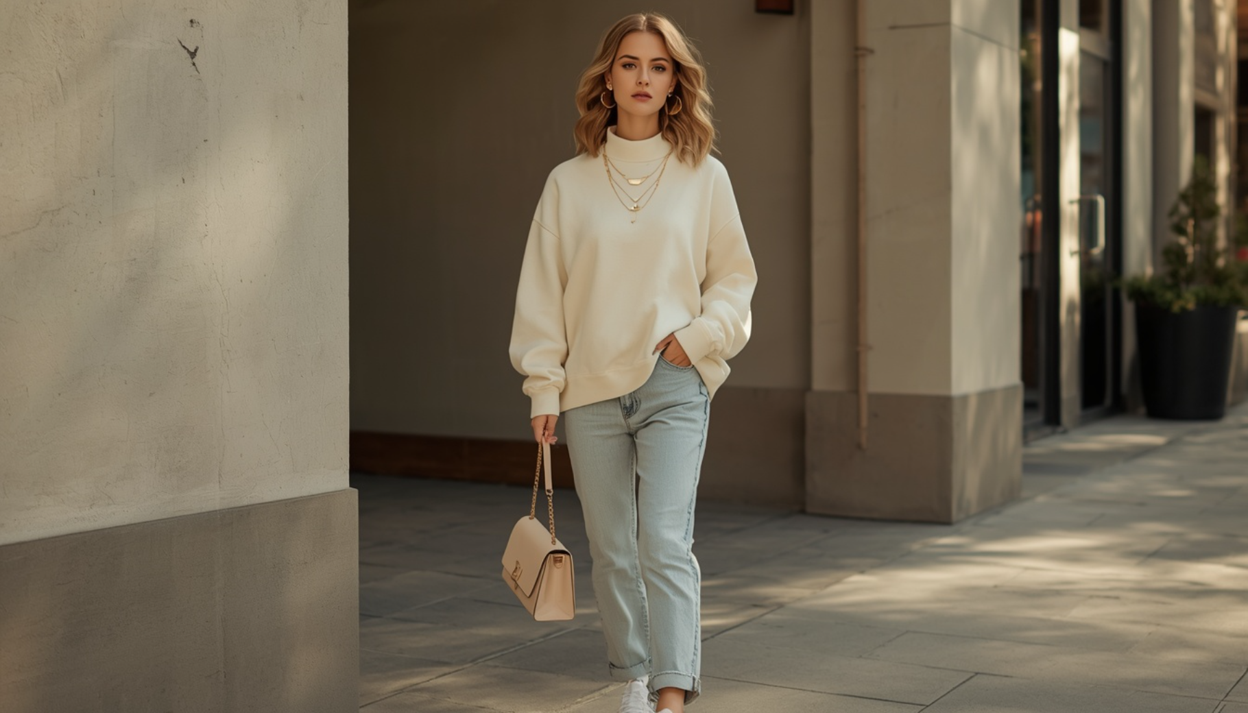 Classic Cream Mock Neck Sweatshirt with Straight-Leg Jeans