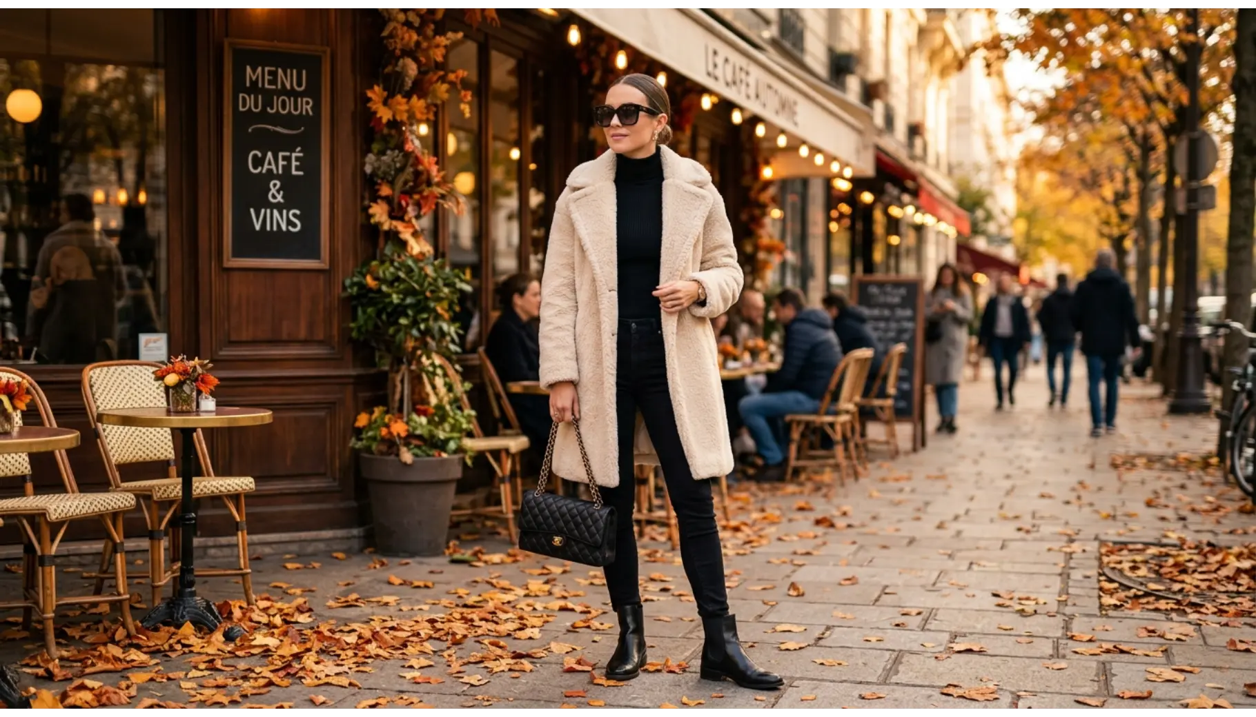 Cream Teddy Coat with All-Black Outfit