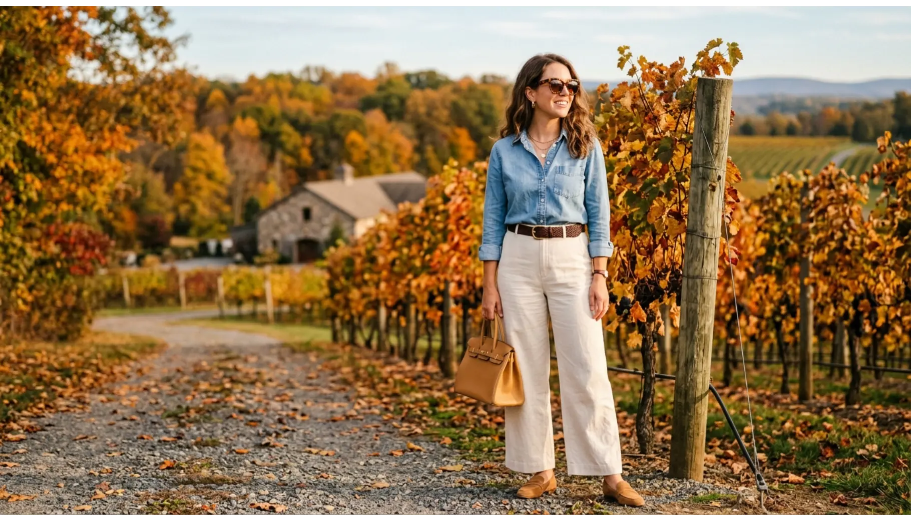 Denim Shirt with White Wide-Leg Pants