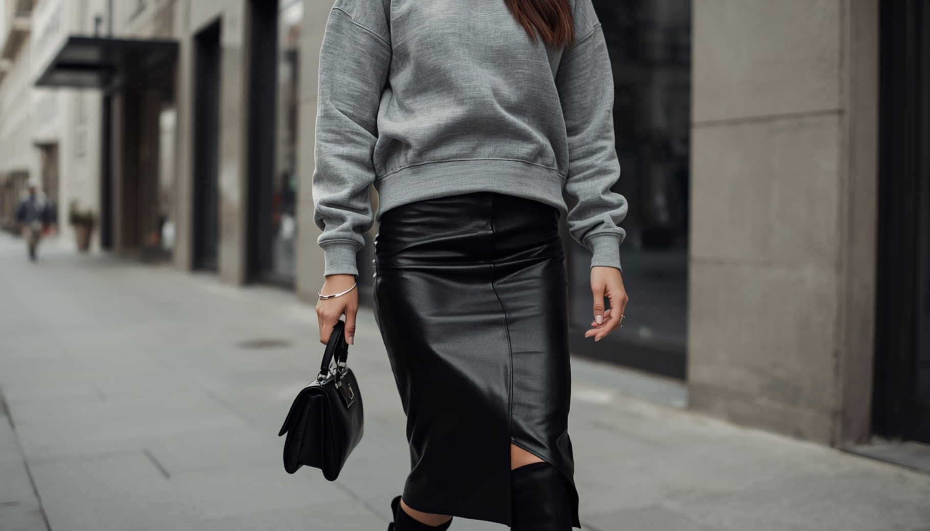 Heather Gray Sweatshirt with Faux Leather Midi Skirt