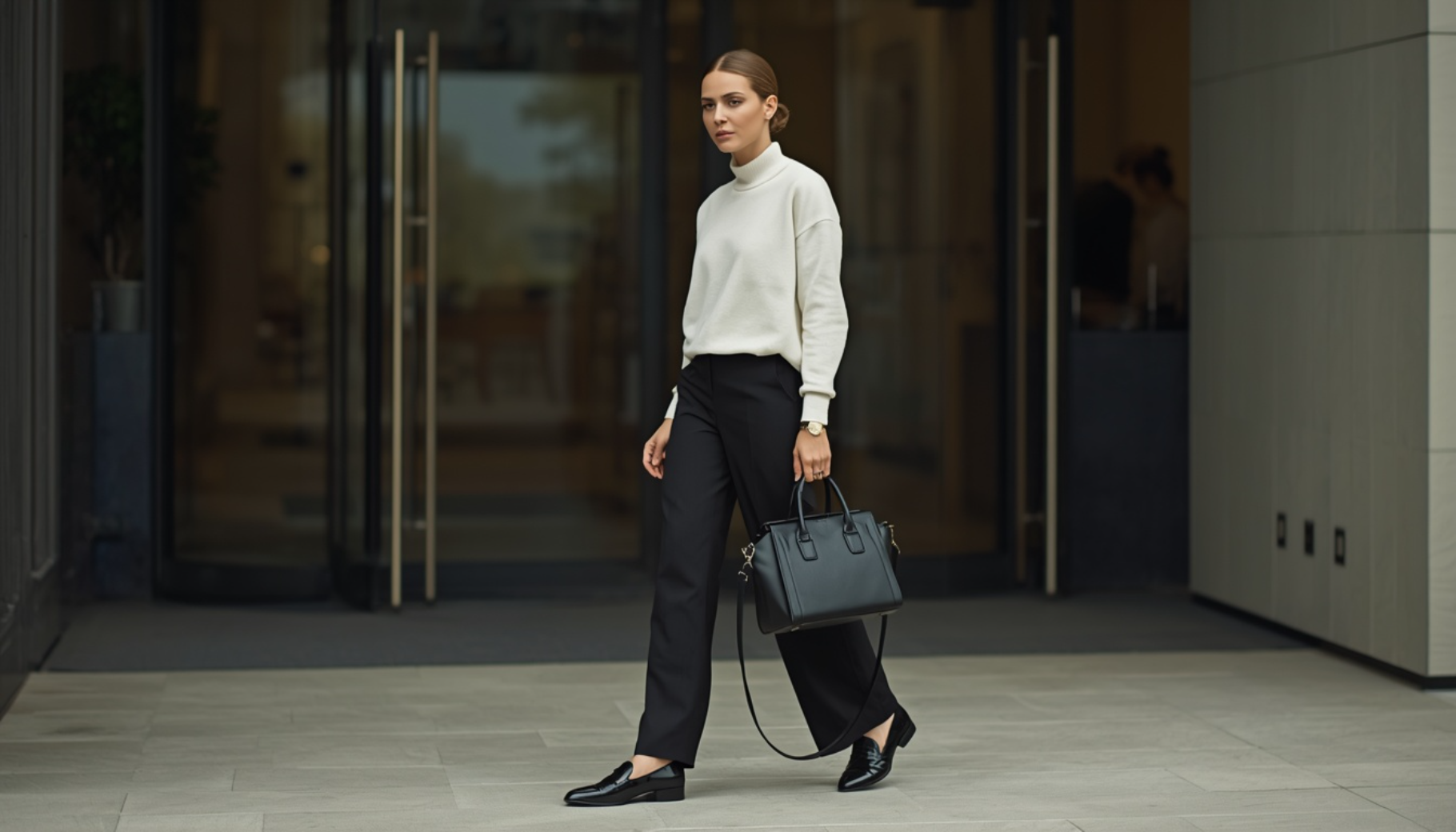 Ivory Mock Neck Sweatshirt with Black Wide-Leg Trousers