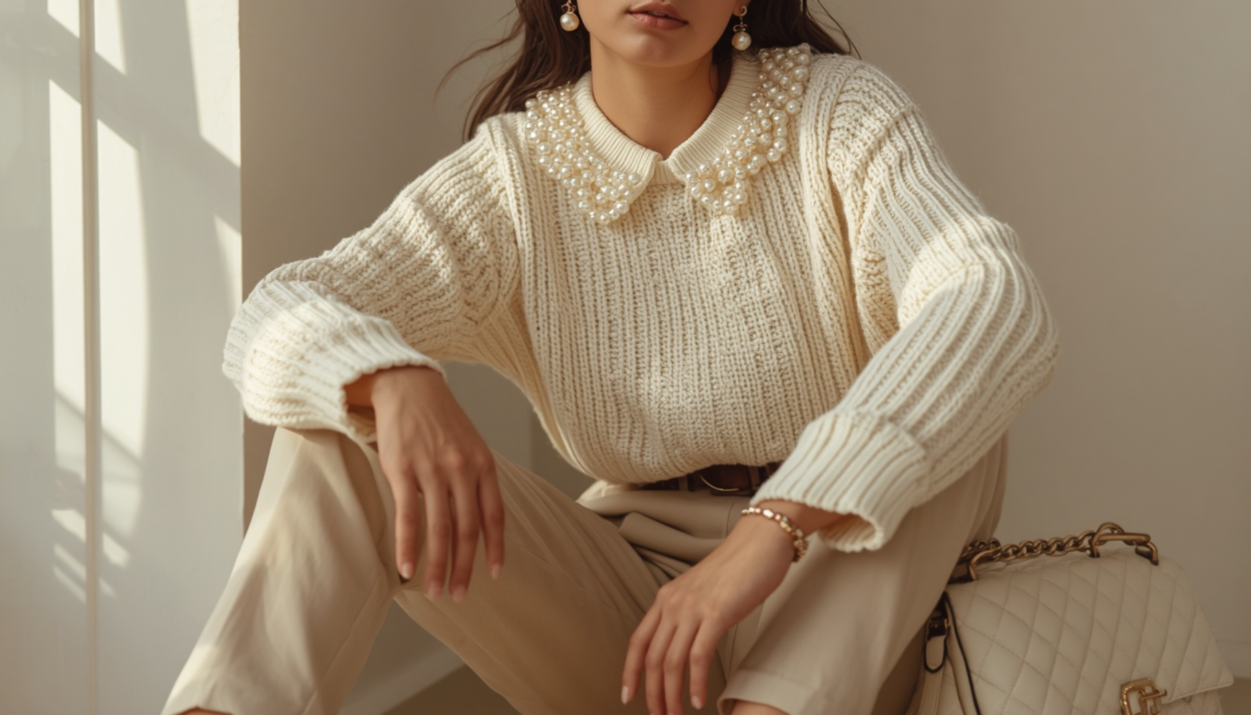 Knit Sweater with Pearl Embellished Collar