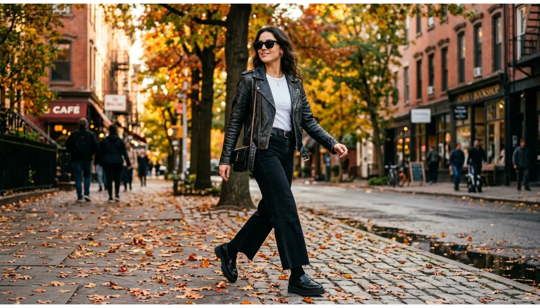 Leather Jacket with Black Wide-Leg Jeans