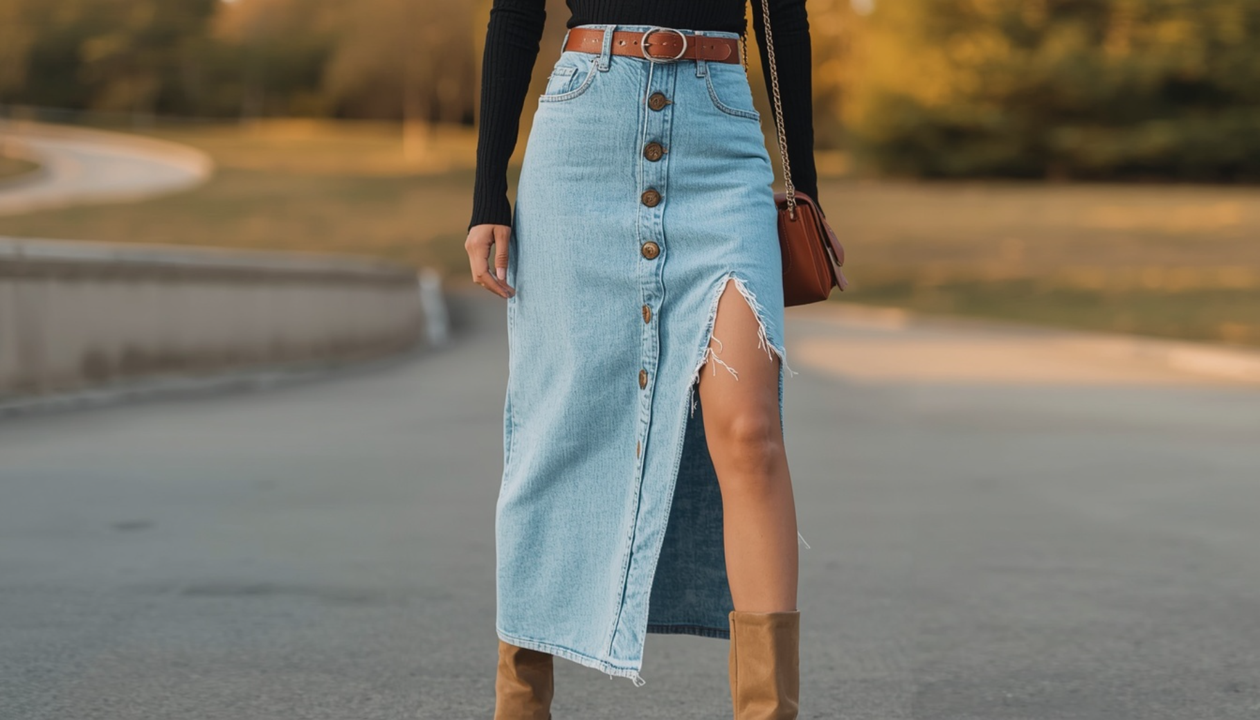 Maxi Denim Skirt with Front Button Slit
