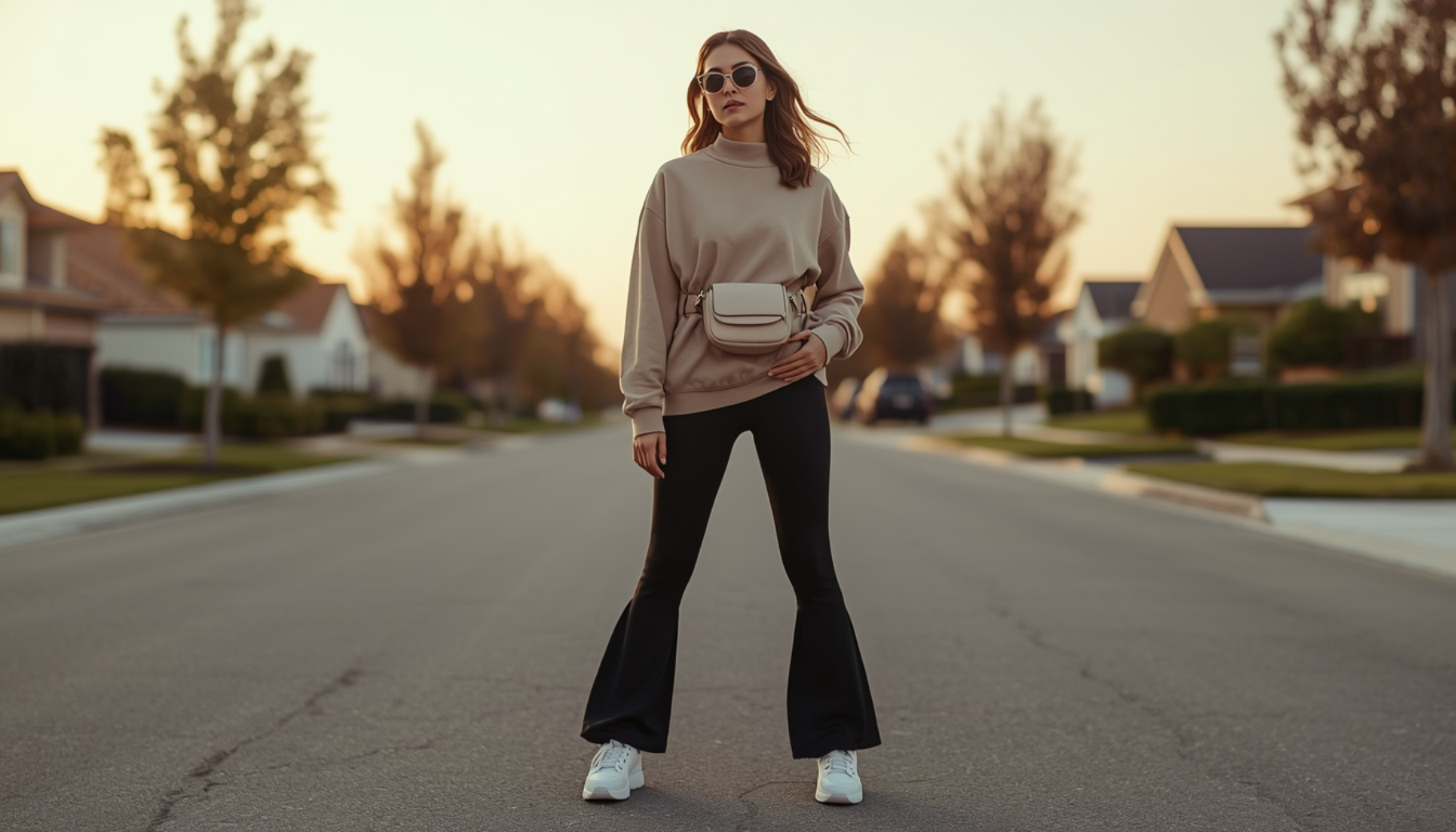 Oatmeal Mock Neck Sweatshirt with Flare Leggings