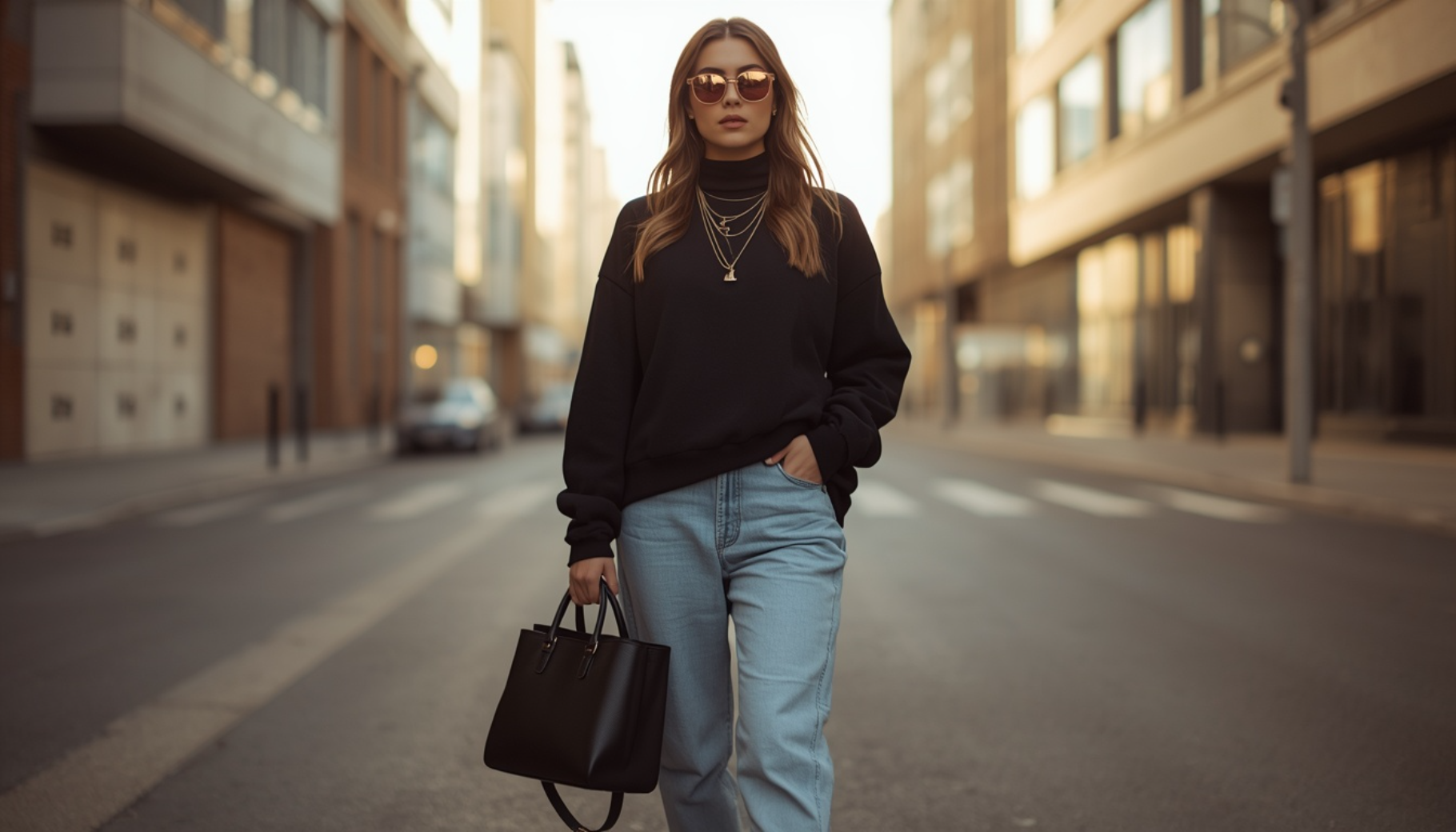 Oversized Black Mock Neck Sweatshirt with Relaxed Denim