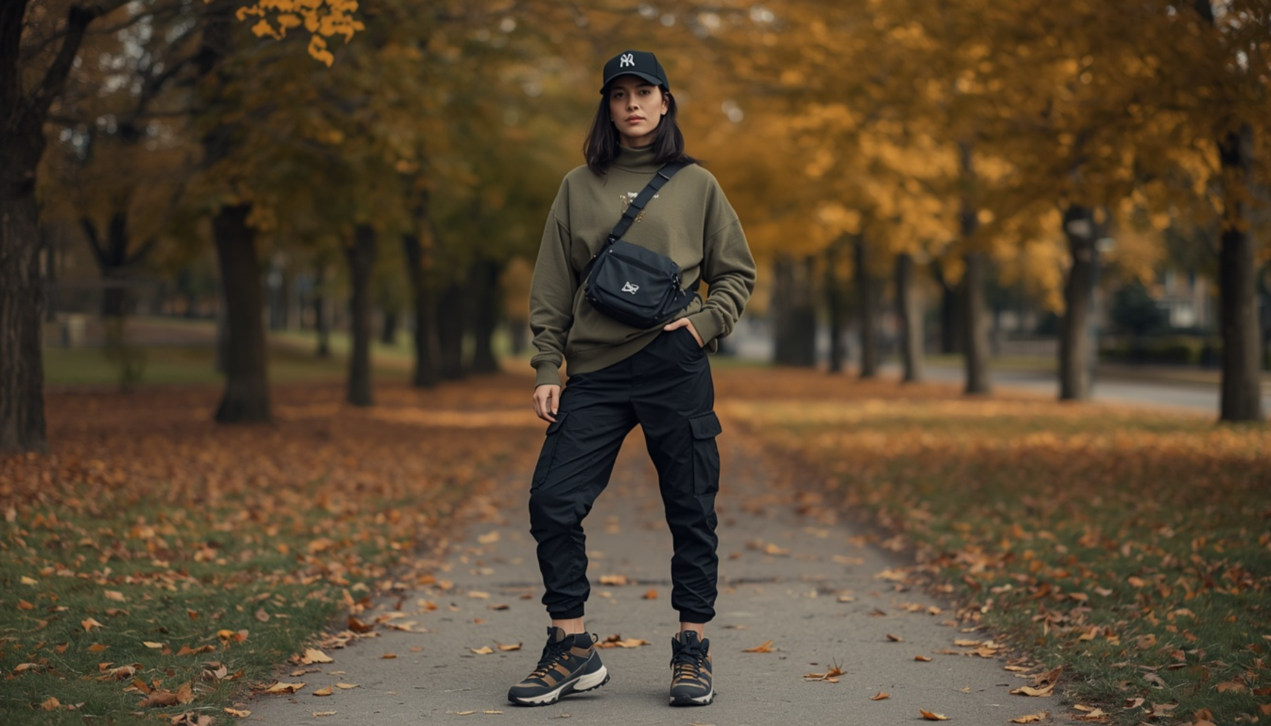 Oversized Olive Sweatshirt with Black Cargo Pants