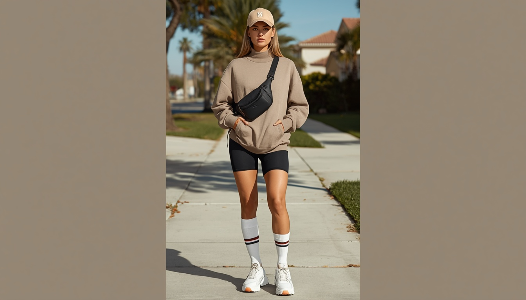 Oversized Taupe Sweatshirt with Bike Shorts