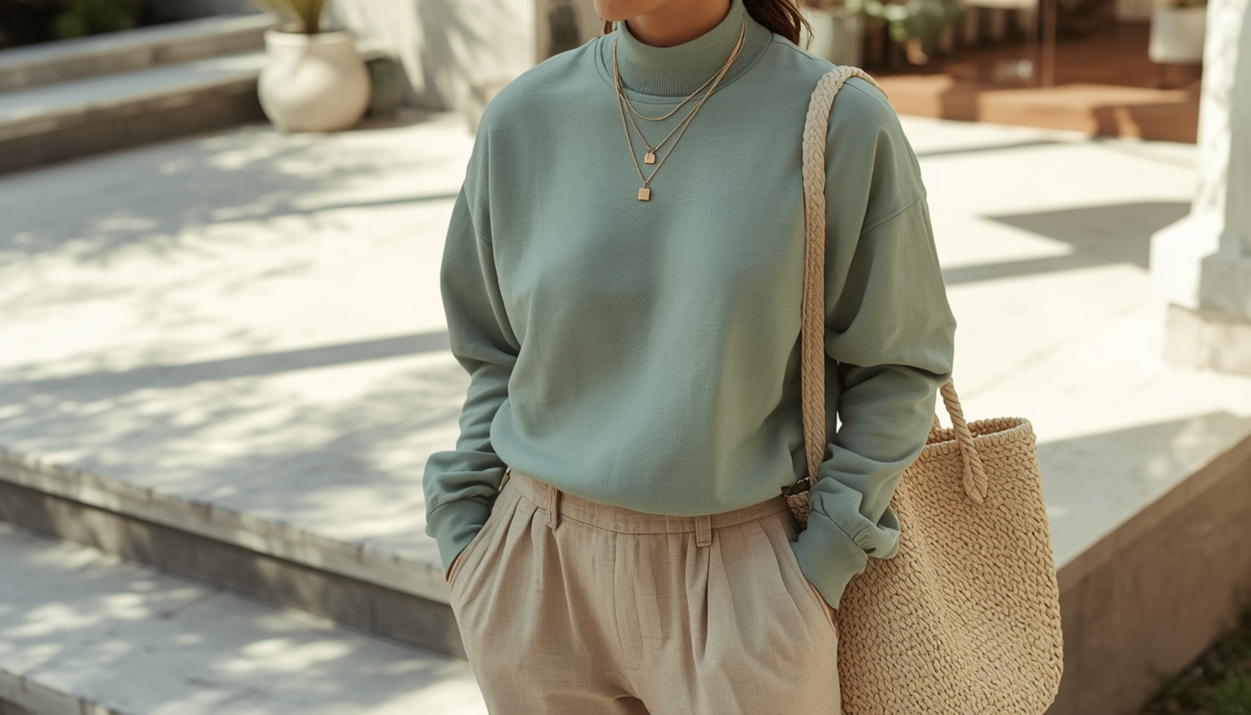 Sage Green Sweatshirt with Beige Linen Pants