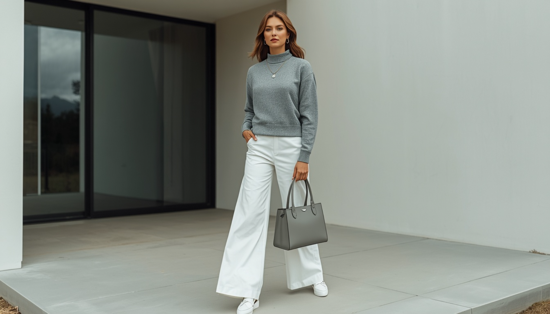 Soft Gray Sweatshirt with White Wide-Leg Pants