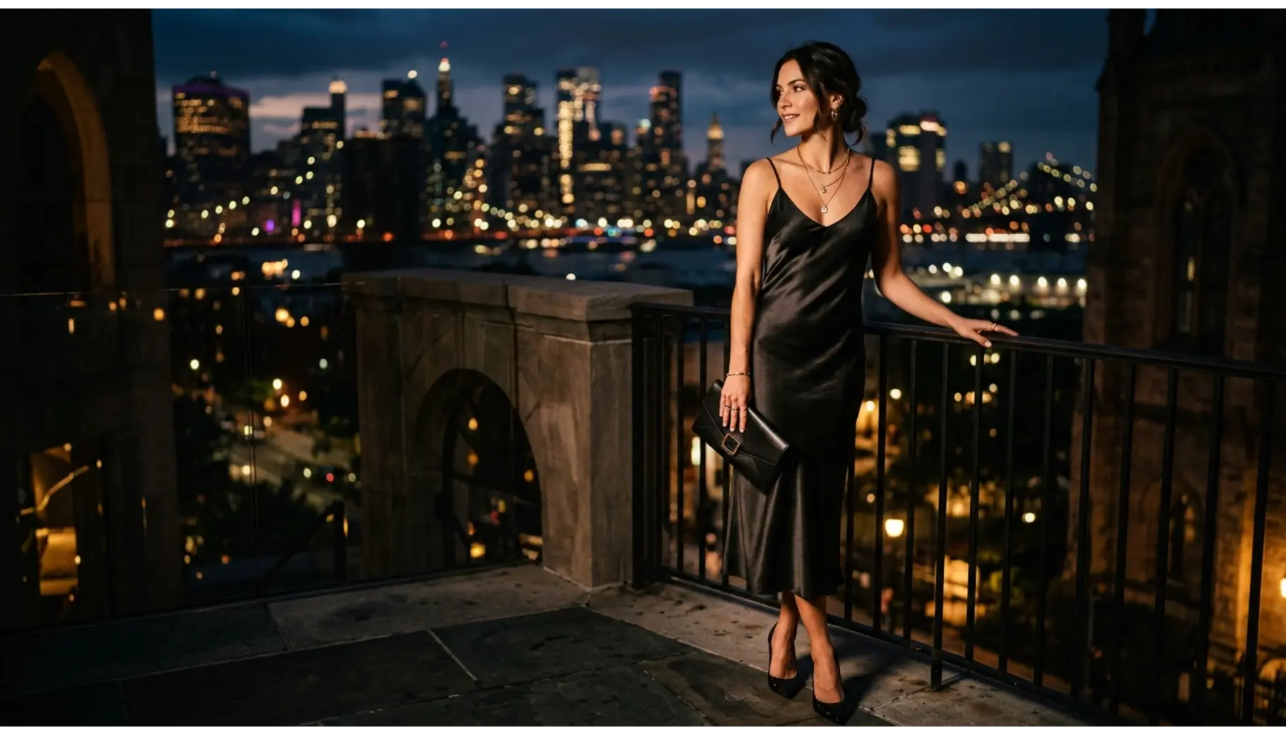 Black Slip Dress with Gold Accessories