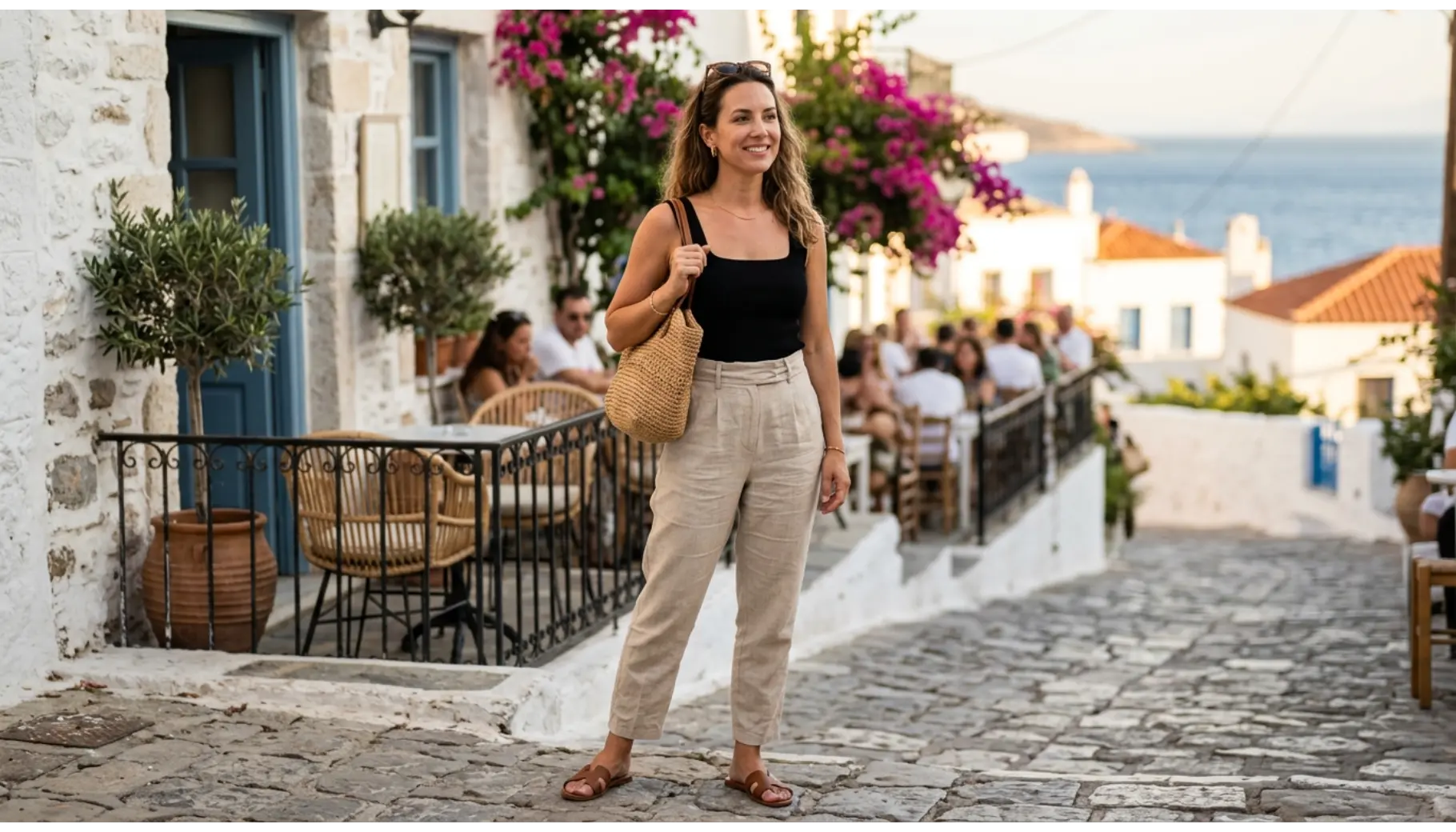 Black Tank and Linen Trousers