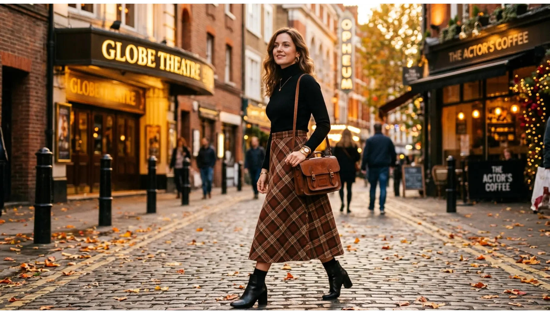 Black Turtleneck with Plaid Midi Skirt