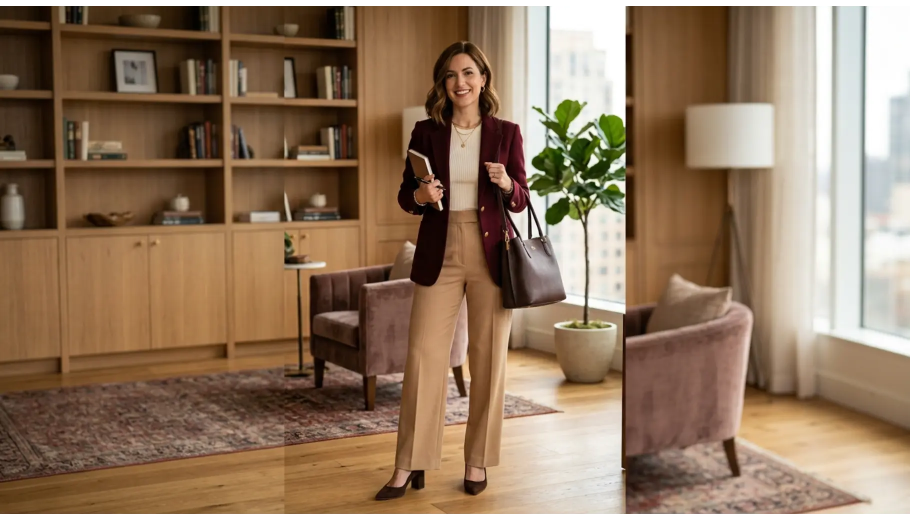 Burgundy Blazer With Neutral Basics