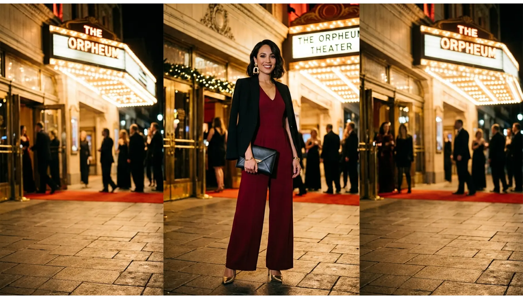 Burgundy Wide-Leg Jumpsuit with Statement Earrings