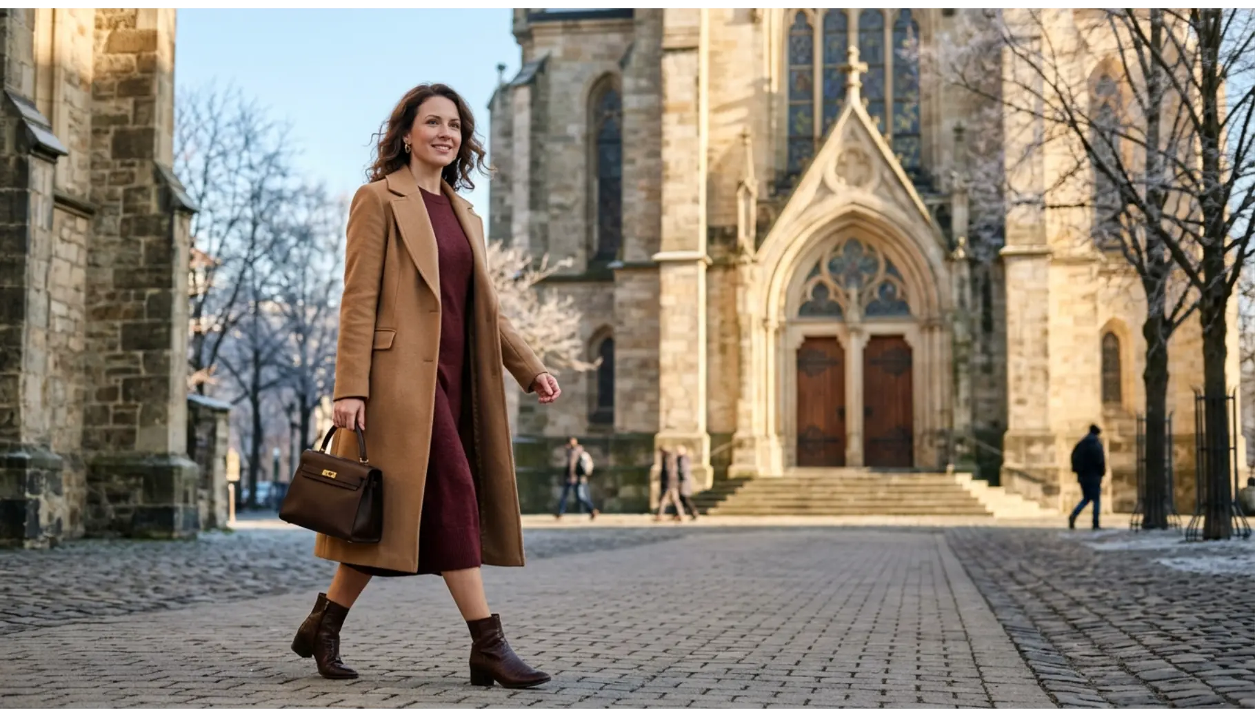 Camel Coat With Midi Dress