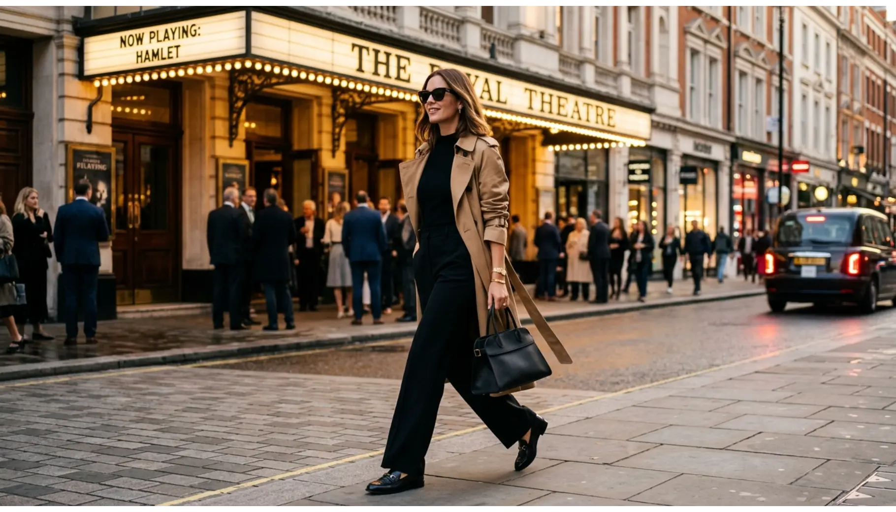 Camel Trench Coat with Black Wide-Leg Trousers