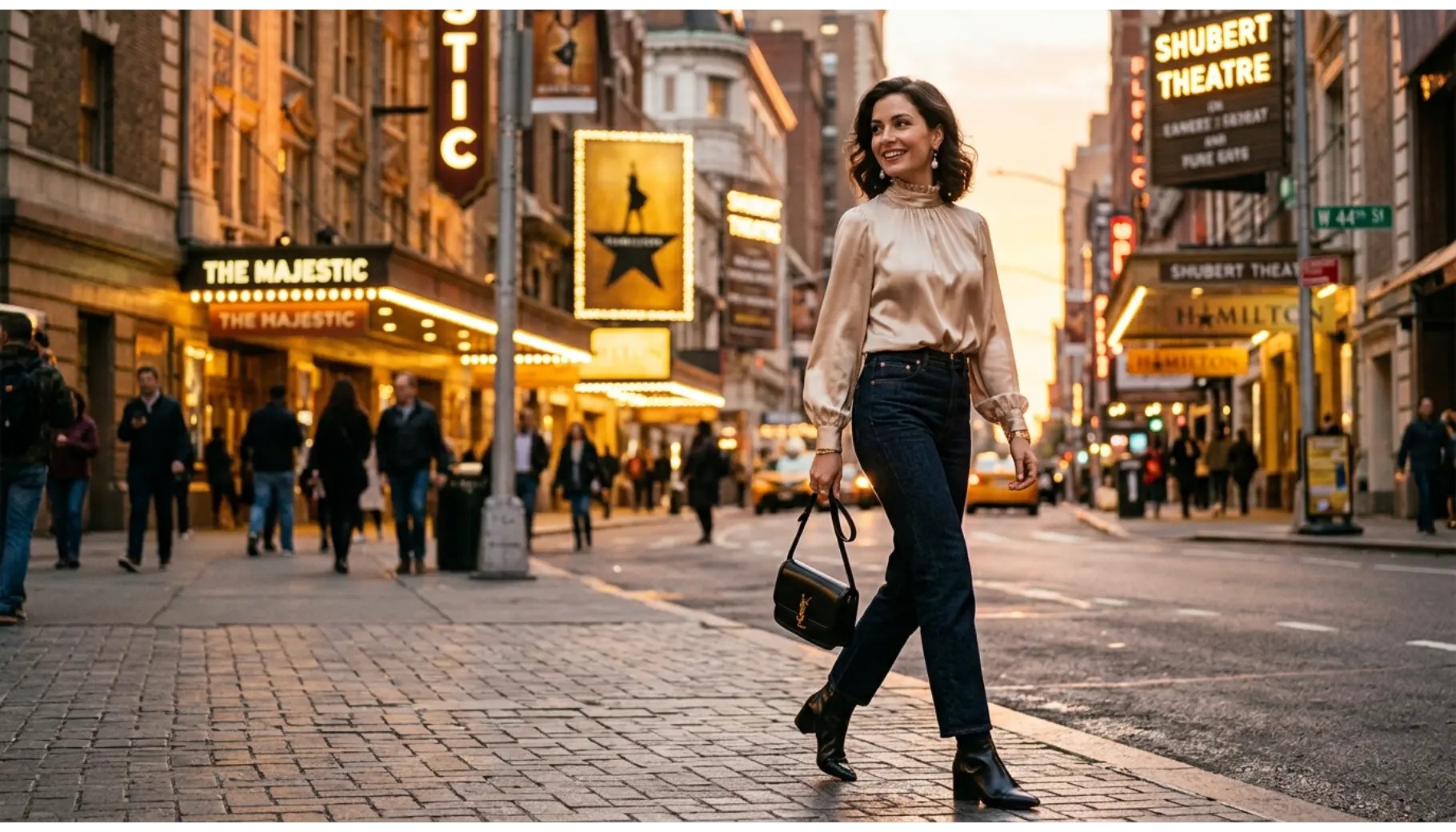 Champagne Blouse with Dark High-Waisted Jeans
