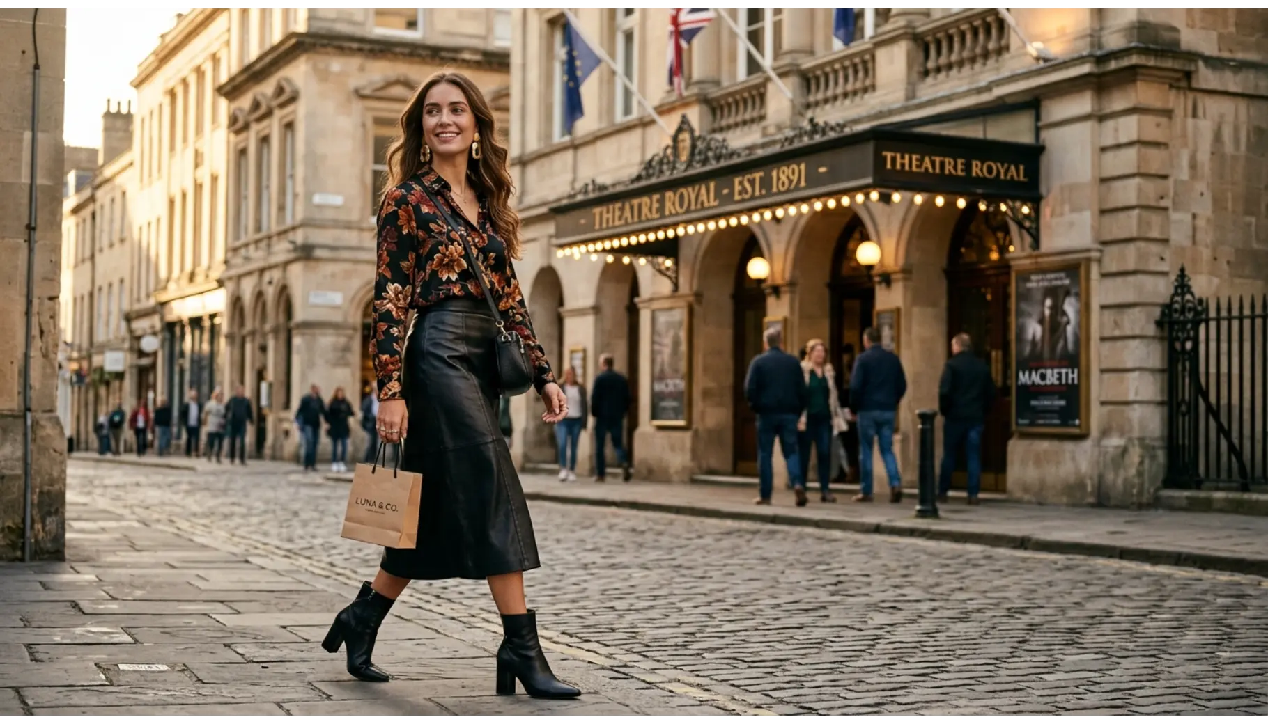 Dark Floral Blouse with Leather Midi Skirt