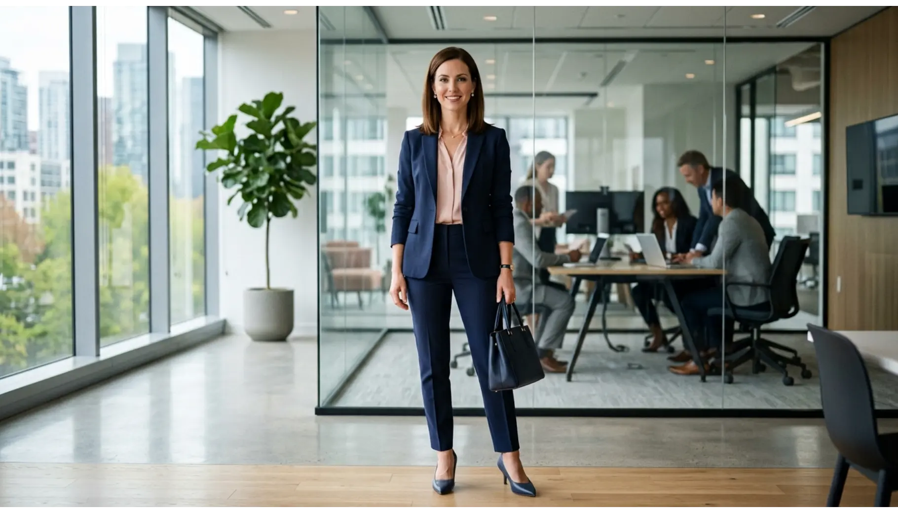 Navy Suit With a Soft Blouse