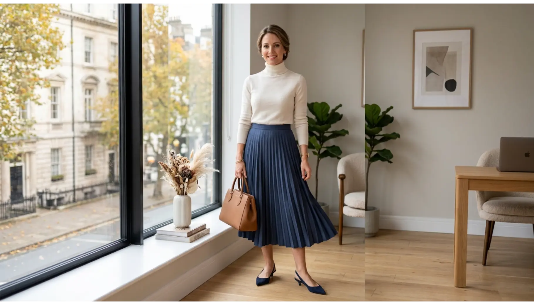 Pleated Skirt With a Fine Knit Sweater