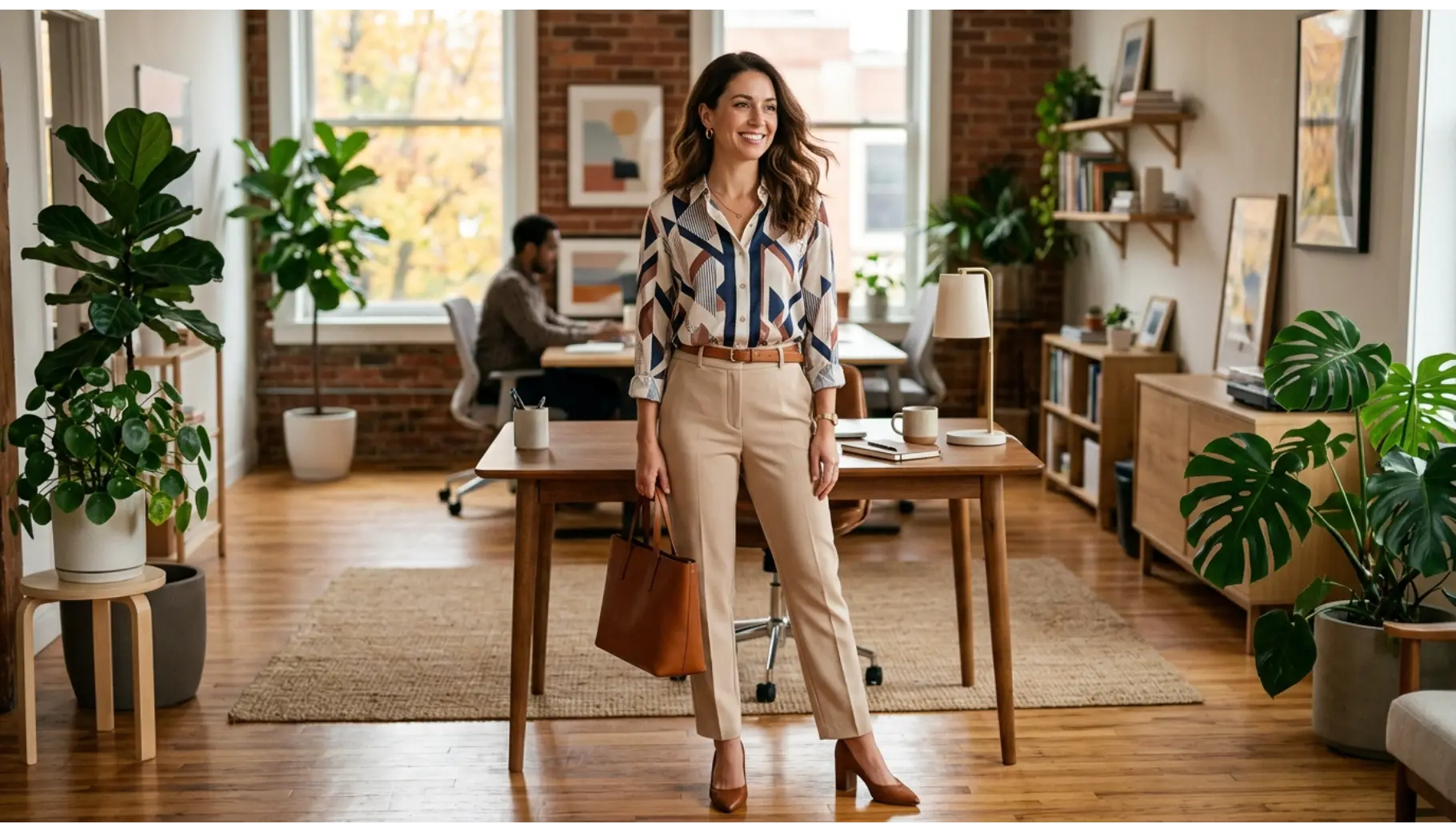 Printed Blouse With Neutral Trousers