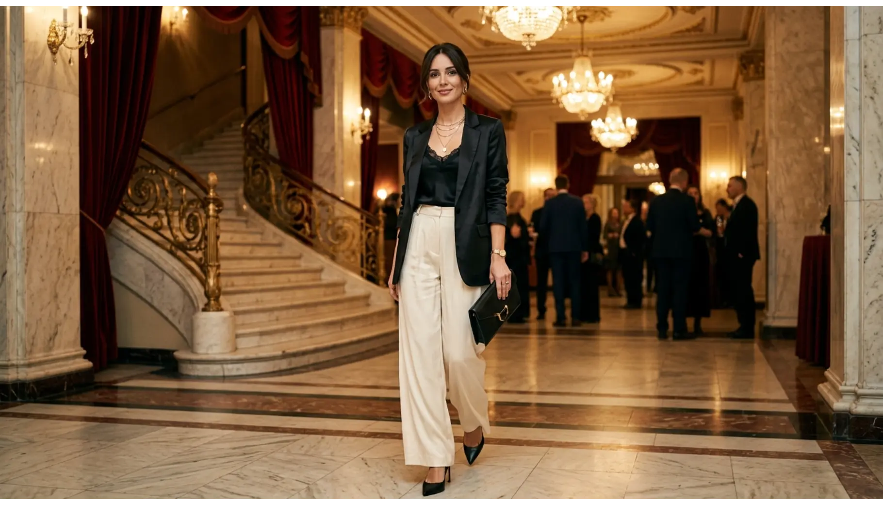 Satin Blazer with Wide-Leg Trousers