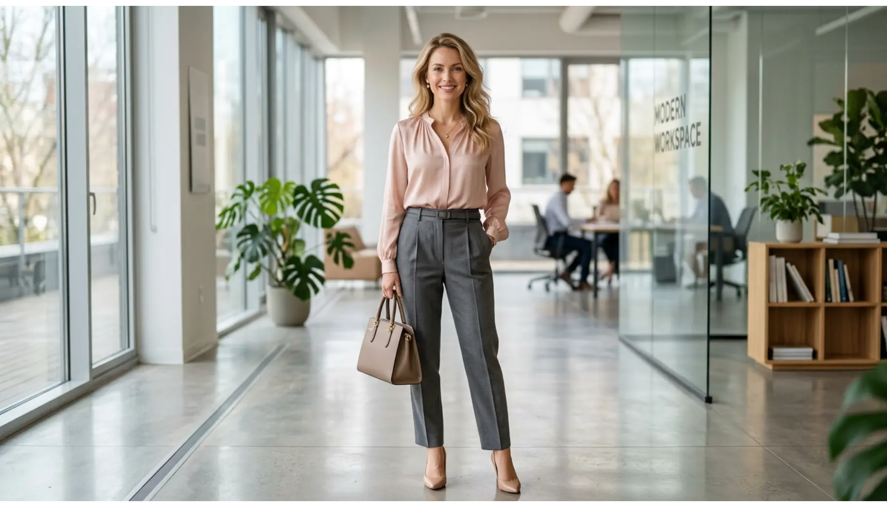 Soft Pink Blouse With Gray Trousers